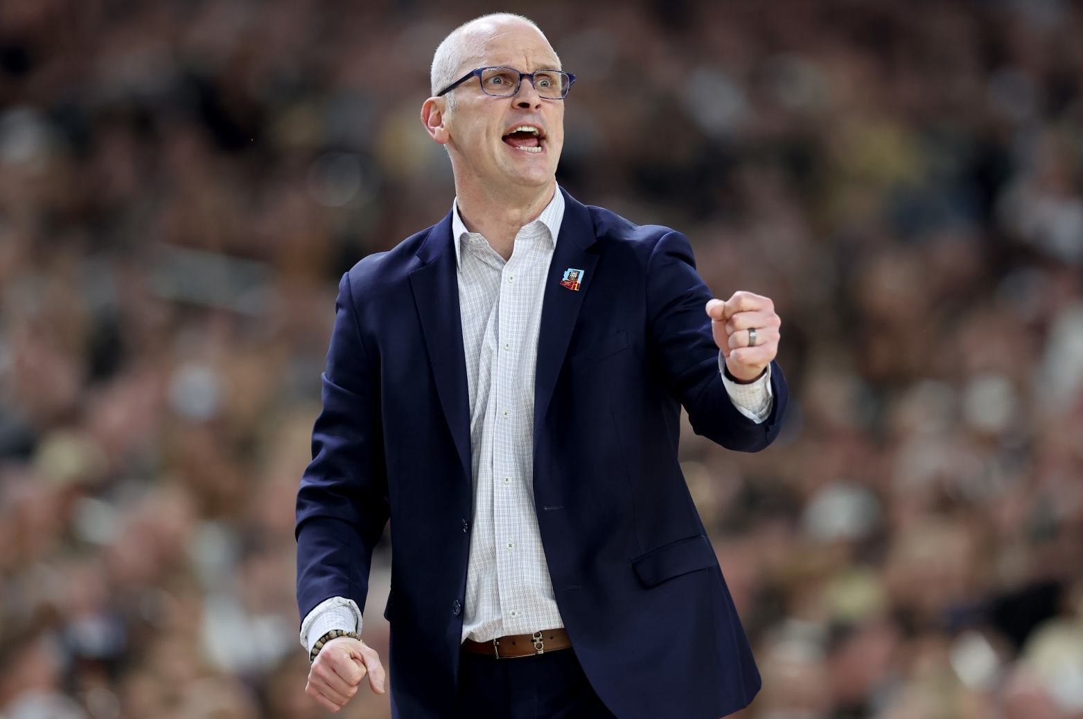 GLENDALE, ARIZONA - APRIL 08: Head coach Dan Hurley of the Connecticut Huskies reacts in the first half against the Purdue Boilermakers during the NCAA Men's Basketball Tournament National Championship game at State Farm Stadium on April 08, 2024 in Glendale, Arizona. (Photo by Christian Petersen/Getty Images)