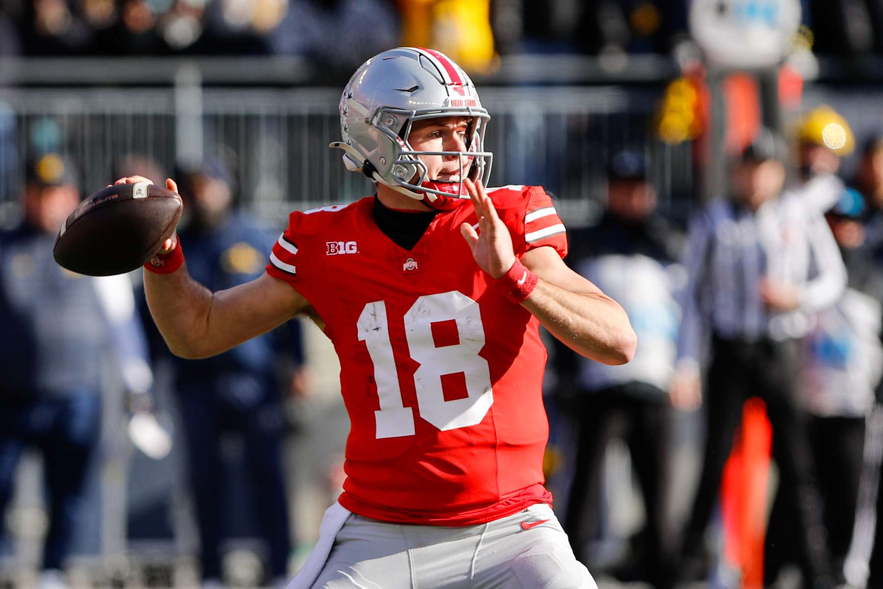 COLUMBUS, OH - NOVEMBER 30: Ohio State Buckeyes quarterback Will Howard (18) passes the ball during the game against the Michigan Wolverines and the Ohio State Buckeyes on November 30, 2024, at Ohio Stadium in Columbus, OH. (Photo by Ian Johnson/Icon Sportswire via Getty Images)