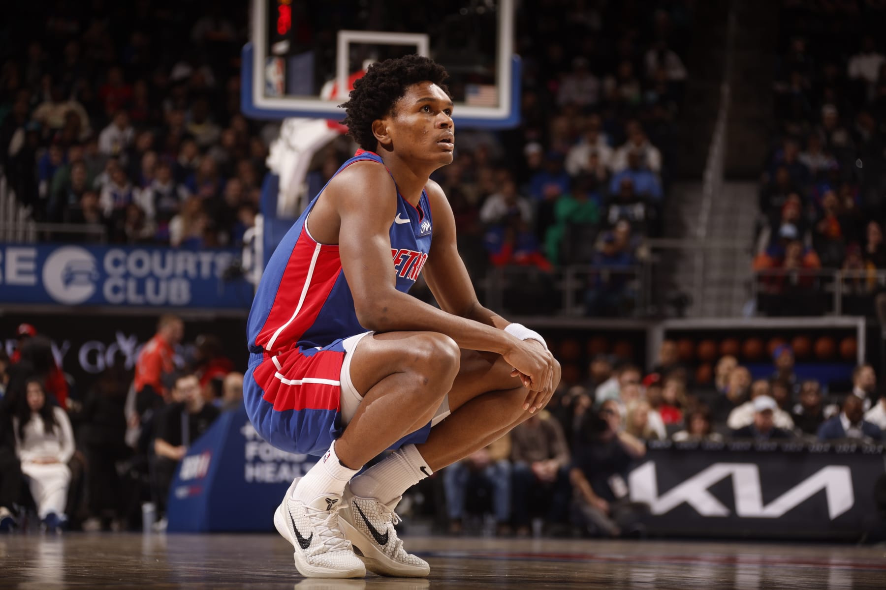 DETROIT, MI - MARCH 9: Ausar Thompson #9 of the Detroit Pistons looks on during the game against the Dallas Mavericks on March 9, 2024 at Little Caesars Arena in Detroit, Michigan. NOTE TO USER: User expressly acknowledges and agrees that, by downloading and/or using this photograph, User is consenting to the terms and conditions of the Getty Images License Agreement. Mandatory Copyright Notice: Copyright 2024 NBAE (Photo by Brian Sevald/NBAE via Getty Images)