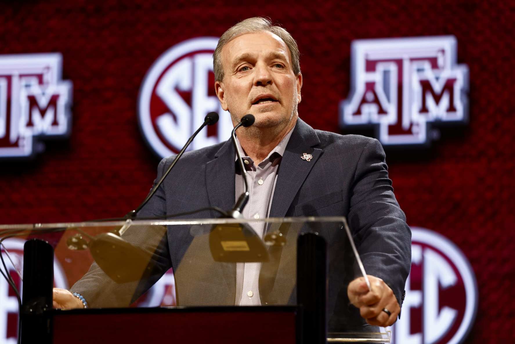 NASHVILLE, TENNESSEE - JULY 17: Head Coach Jimbo Fisher of the Texas A&M Aggies speaks during Day 1 of 2023 SEC Media Days at Grand Hyatt Nashville on July 17, 2023 in Nashville, Tennessee. (Photo by Johnnie Izquierdo/Getty Images)
