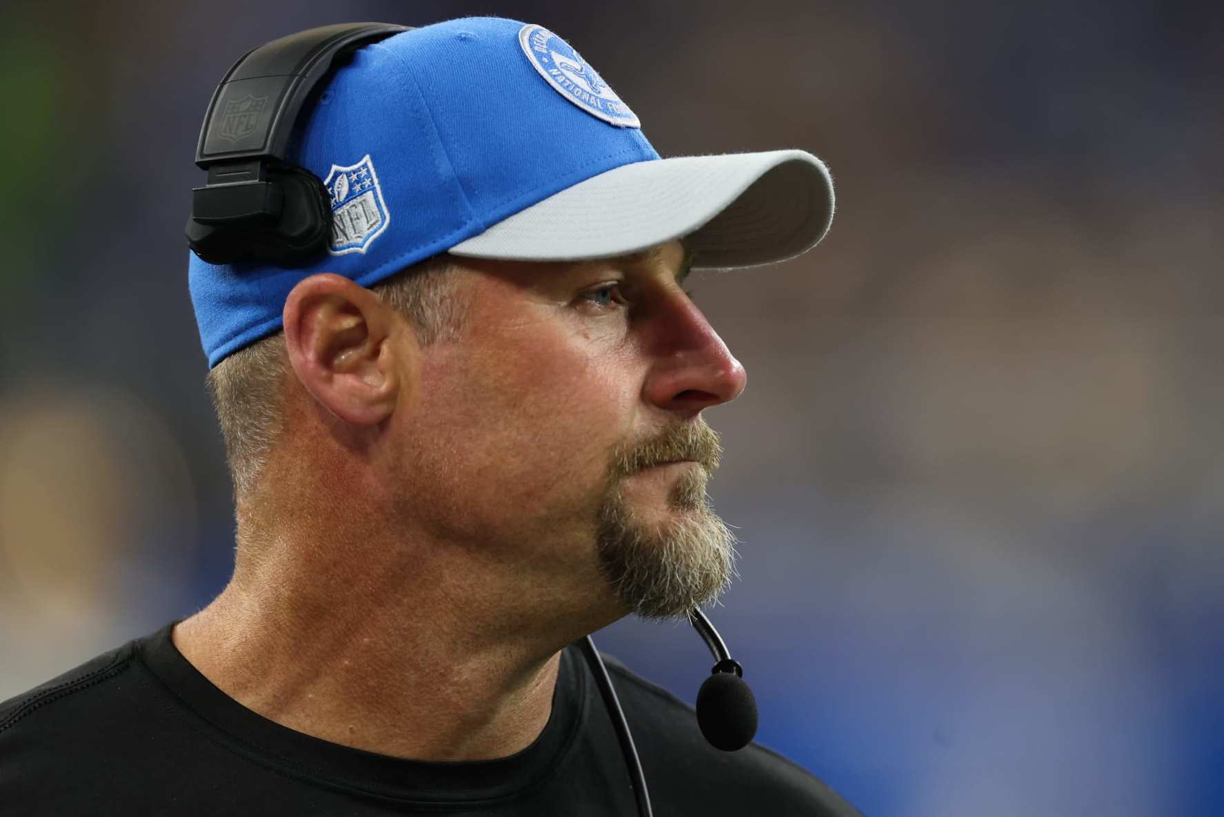 DETROIT, MICHIGAN - NOVEMBER 23: Head coach Dan Campbell of the Detroit Lions looks on during the second quarter of the game against the Green Bay Packers at Ford Field on November 23, 2023 in Detroit, Michigan. (Photo by Gregory Shamus/Getty Images)