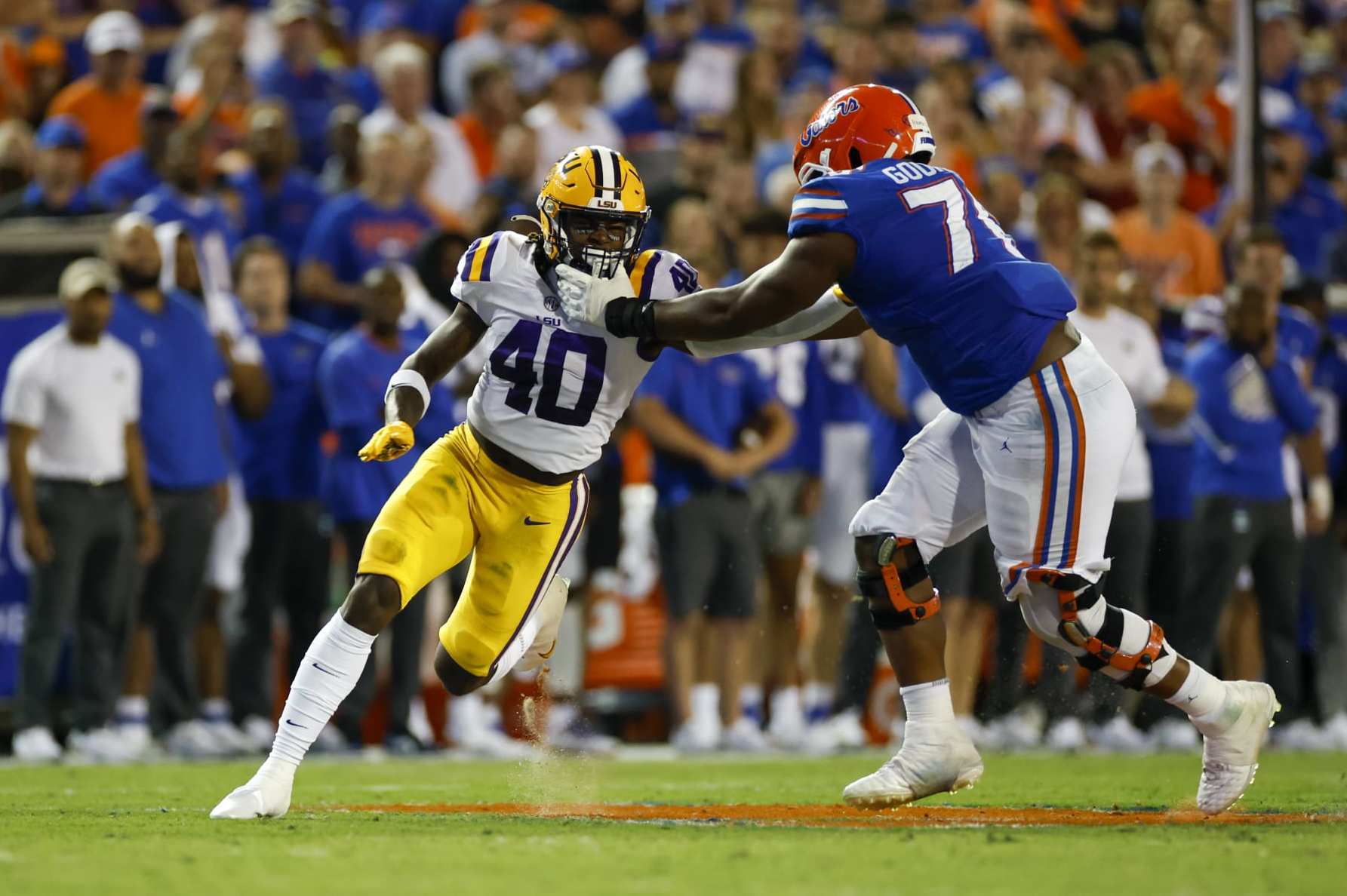 GAINESVILLE, FL - OCTOBER 15: LSU Tigers linebacker Harold Perkins Jr. (40) is blocked by Florida Gators offensive lineman Richard Gouraige (76) during the game between the LSU Tigers and the Florida Gators on October 15, 2022 at Ben Hill Griffin Stadium at Florida Field in Gainesville, Fl. (Photo by David Rosenblum/Icon Sportswire via Getty Images)