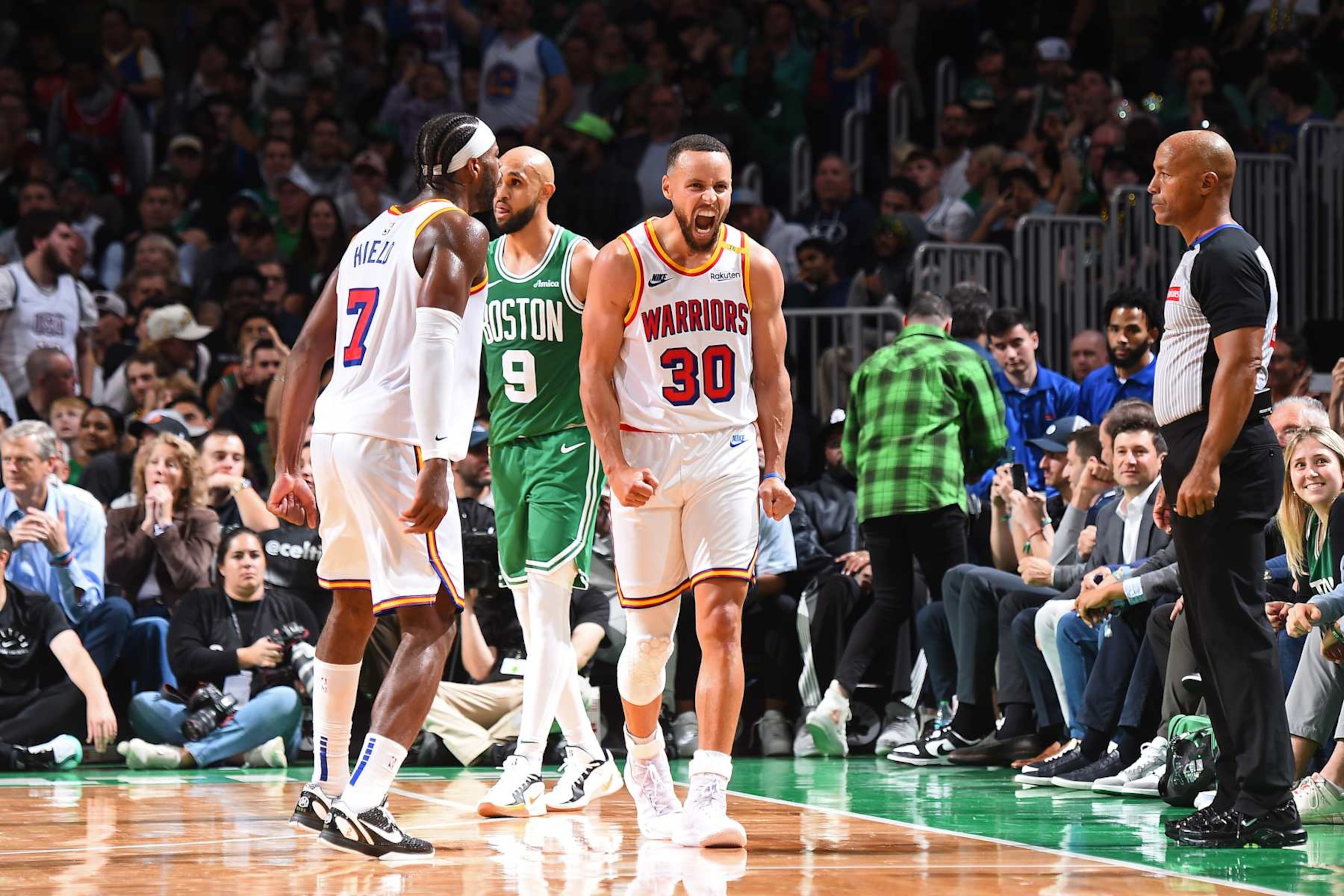 Buddy Hield, Derrick White and Stephen Curry Buddy Hield, Derrick White and Stephen Curry