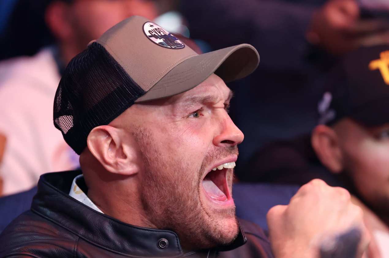 MANCHESTER, ENGLAND - OCTOBER 14: Tyson Fury reacts during the Misfits Cruiserweight fight between KSI (Olajide Olayinka Williams) and Tommy Fury at AO Arena on October 14, 2023 in Manchester, England. (Photo by Matt McNulty/Getty Images)