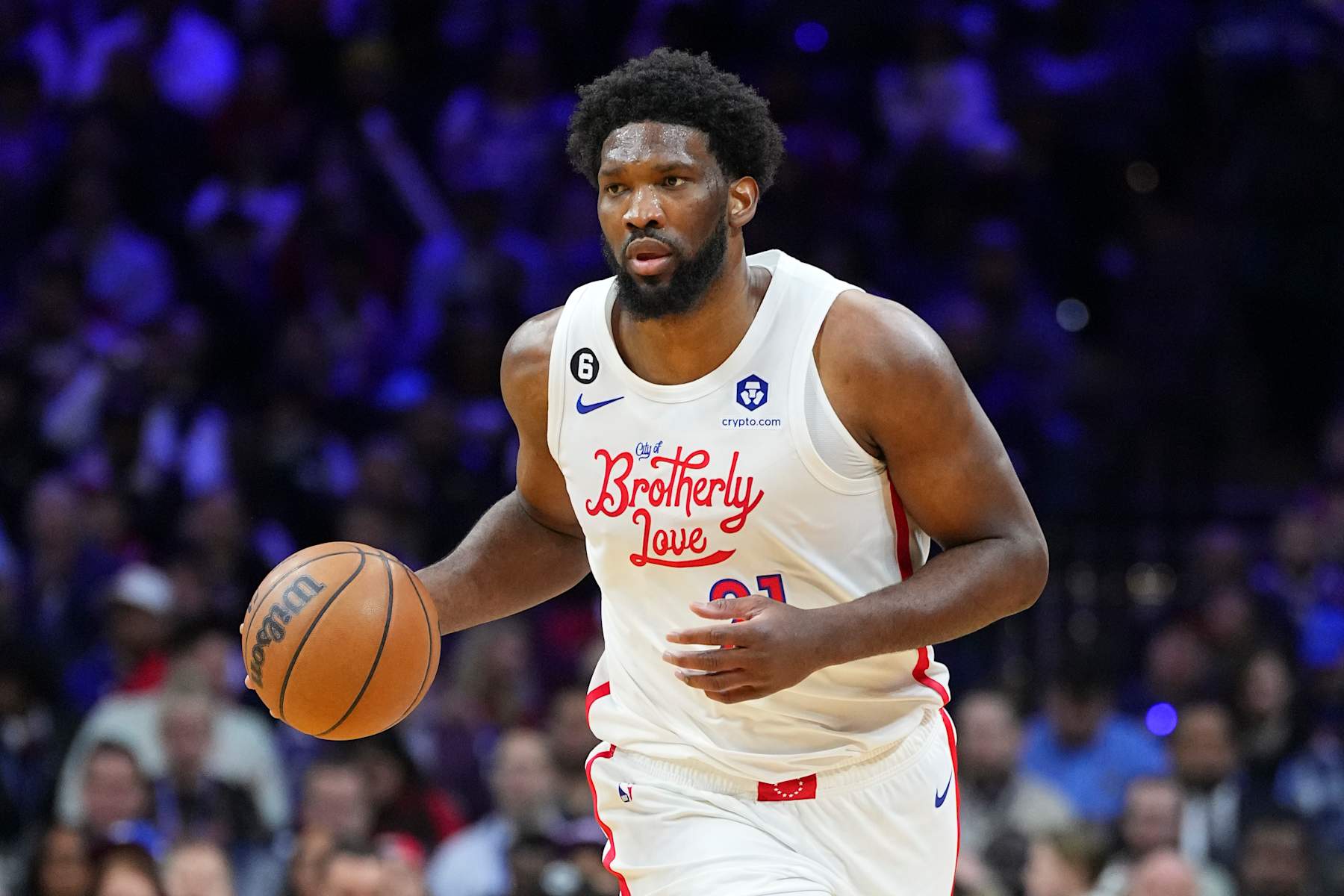 PHILADELPHIA, PA - FEBRUARY 25: Joel Embiid #21 of the Philadelphia 76ers dribbles the ball against the Boston Celtics at the Wells Fargo Center on February 25, 2023 in Philadelphia, Pennsylvania. The Celtics defeated the 76ers 110-107. NOTE TO USER: User expressly acknowledges and agrees that, by downloading and or using this photograph, User is consenting to the terms and conditions of the Getty Images License Agreement. (Photo by Mitchell Leff/Getty Images)