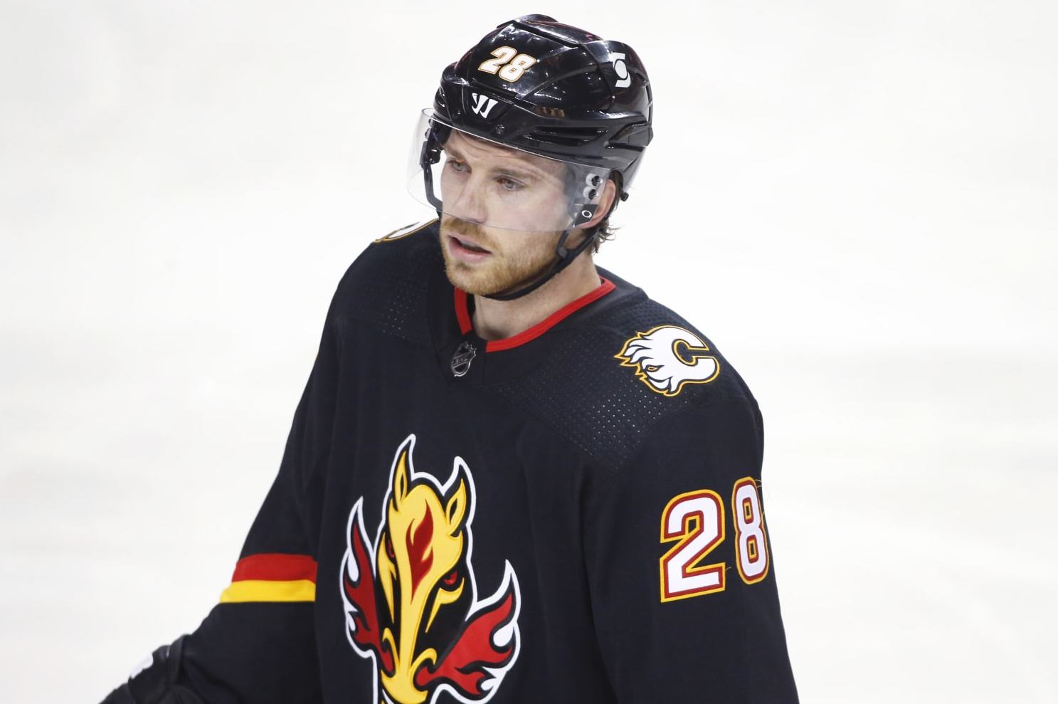 Calgary Flames player Elias Lindholm, from Sweden, during an NHL hockey game, Thursday, March 11, 2021, in Calgary, Canada. (AP Photo/Larry MacDougal)