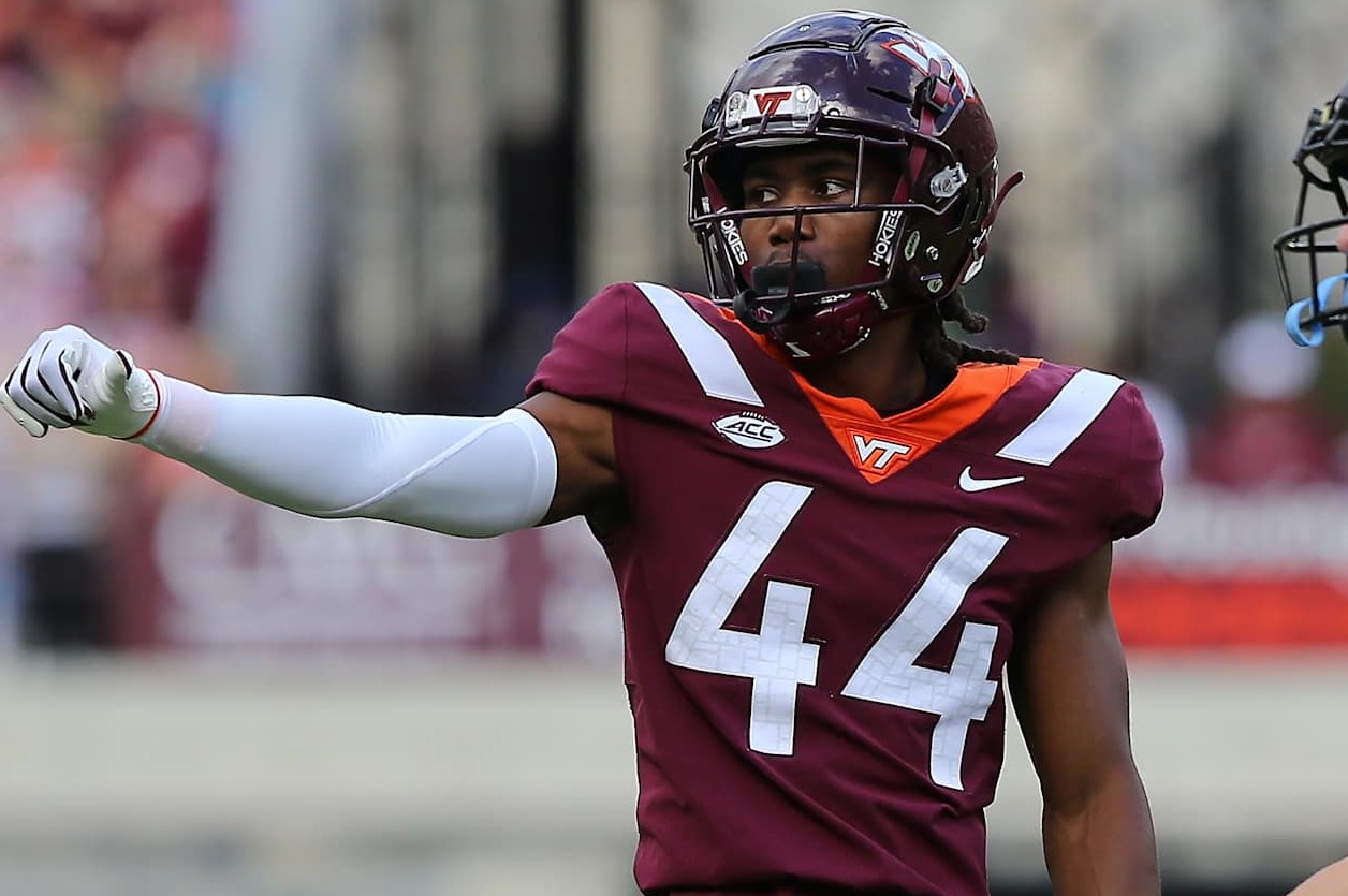 BLACKSBURG, VA - OCTOBER 14: Virginia Tech Hokies Cornerback Dorian Strong (44) peeks into the backfield during a college football game between the Wake Forest Demon Deacons and the Virginia Tech Hokies on October 14, 2023, at Lane Stadium in Blacksburg, VA. (Photo by Lee Coleman/Icon Sportswire via Getty Images)