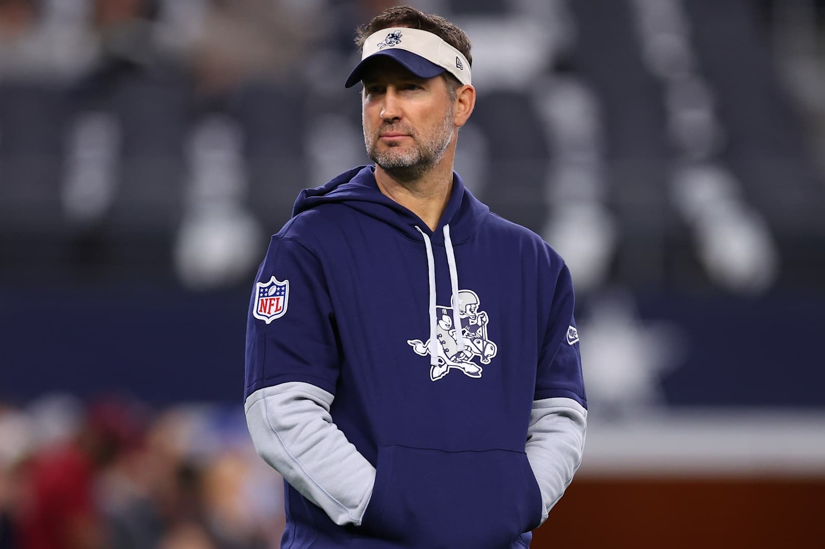 ARLINGTON, TEXAS - NOVEMBER 28: Dallas Cowboys offensive coordinator Brian Schottenheimer looks on prior to the game against the New York Giants at AT&T Stadium on November 28, 2024 in Arlington, Texas. (Photo by Sam Hodde/Getty Images)