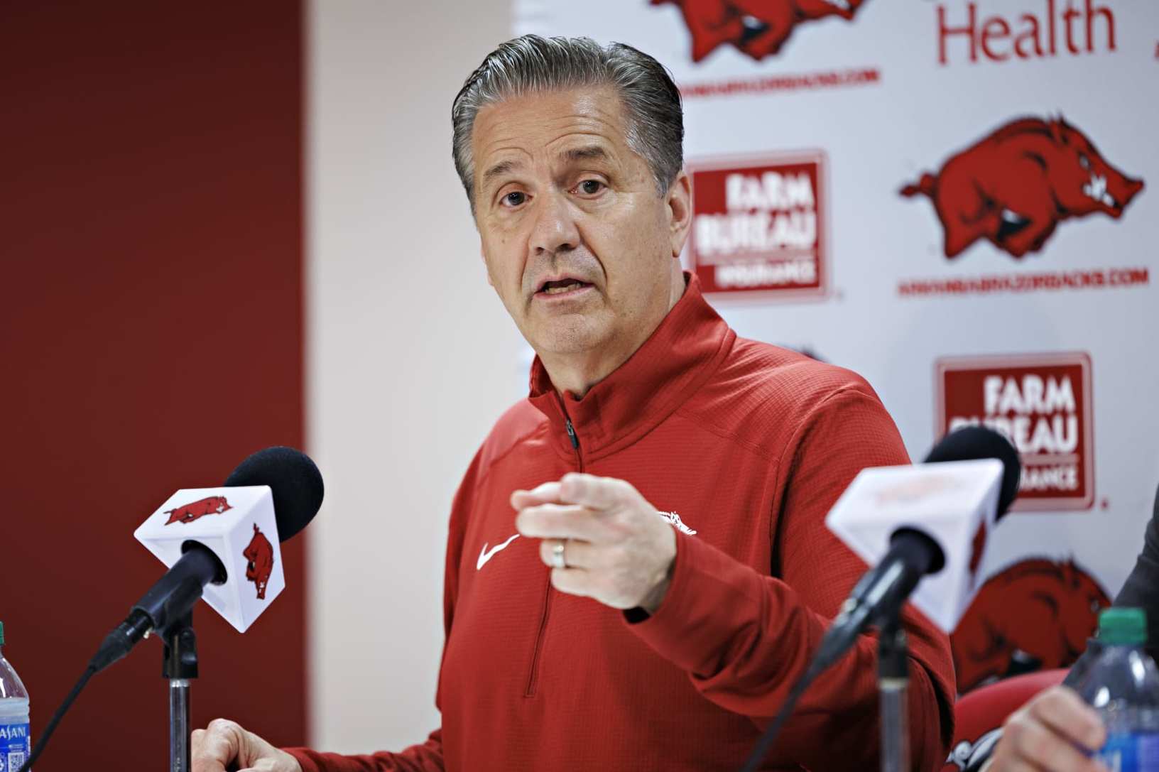 FAYETTEVILLE, ARKANSAS - APRIL 10: New Arkansas Razorback basketball Head Coach John Calipari holds his first press conference after his introduction at Bud Walton Arena on April 10, 2024 in Fayetteville, Arkansas. (Photo by Wesley Hitt/Getty Images)