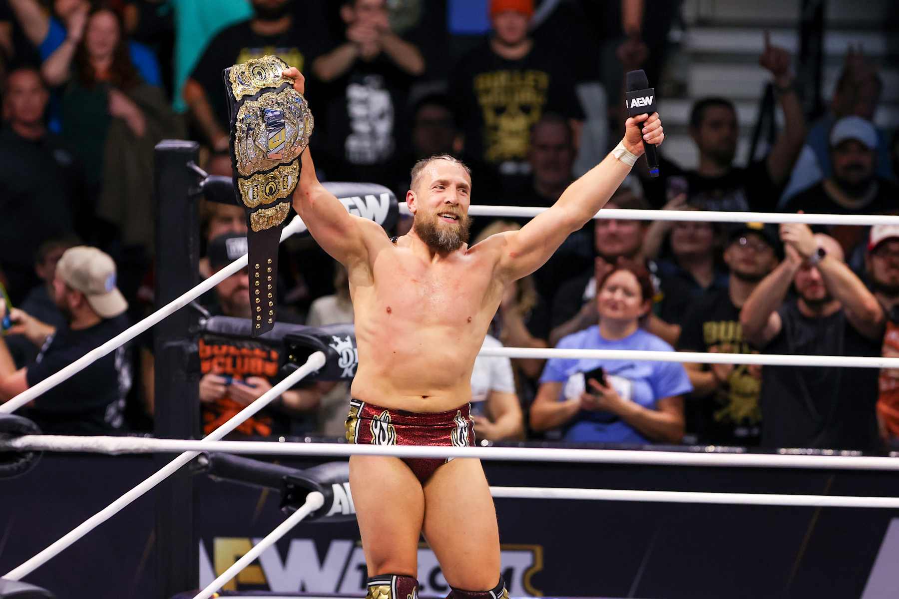 PITTSBURGH, PA - OCTOBER 02: AEW World Champion Bryan Danielson celebrates in the ring after defending his championship during AEW Dynamite on October 2, 2024, at the Petersen Events Center in Pittsburgh, PA. (Photo by Frank Jansky/Icon Sportswire via Getty Images)
