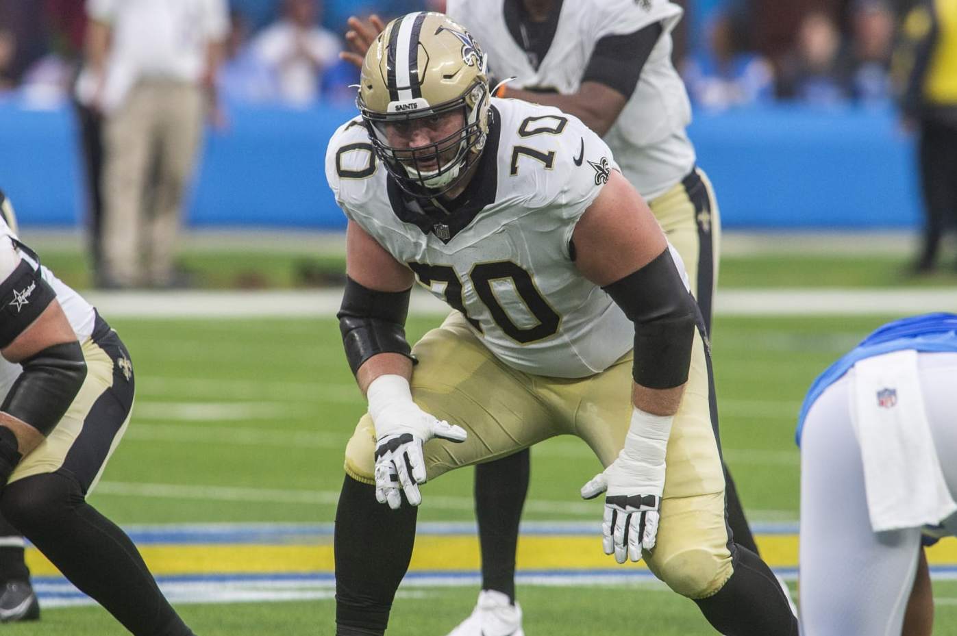 INGLEWOOD, CA - AUGUST 20: New Orleans Saints offensive tackle Trevor Penning (70) on the line before a down in the first half of a preseason NFL football game between the New Orleans Saints and Los Angeles Chargers at SoFi Stadium in Inglewood, California. (Photo by Tony Ding/Icon Sportswire via Getty Images)