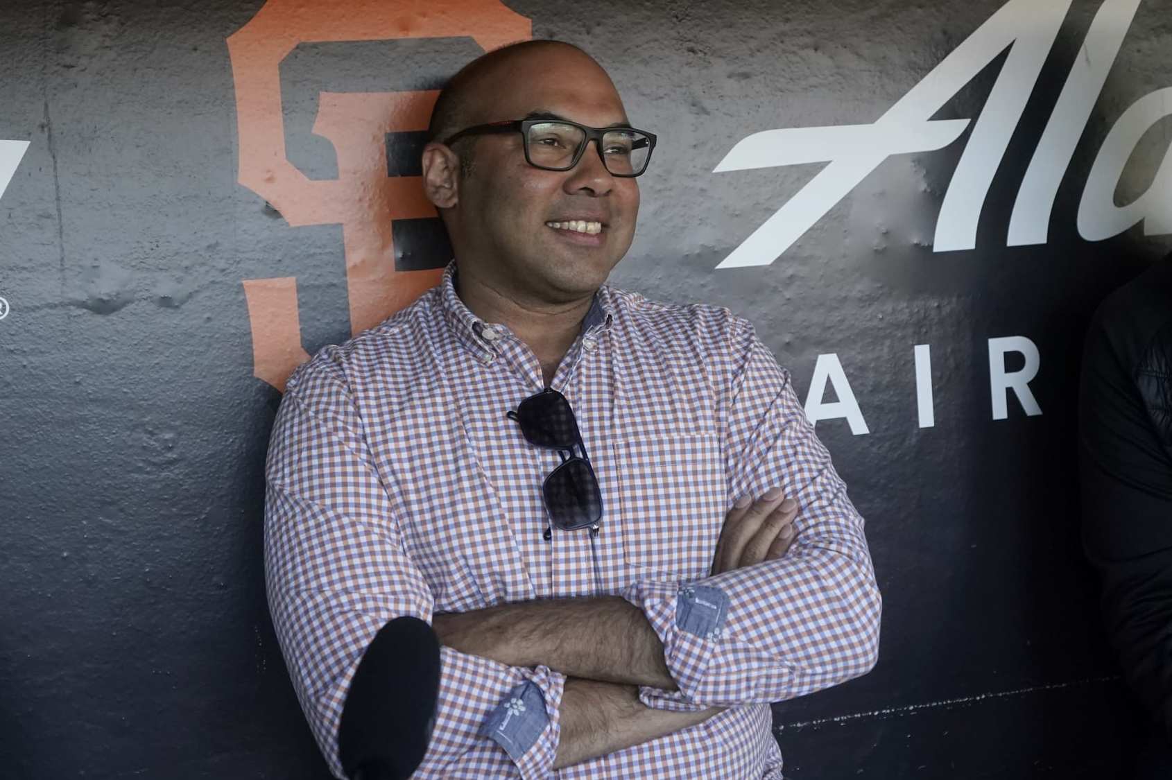 San Francisco Giants president of baseball operations Farhan Zaidi before a baseball game against the Arizona Diamondbacks in San Francisco, Tuesday, July 12, 2022. (AP Photo/Jeff Chiu)