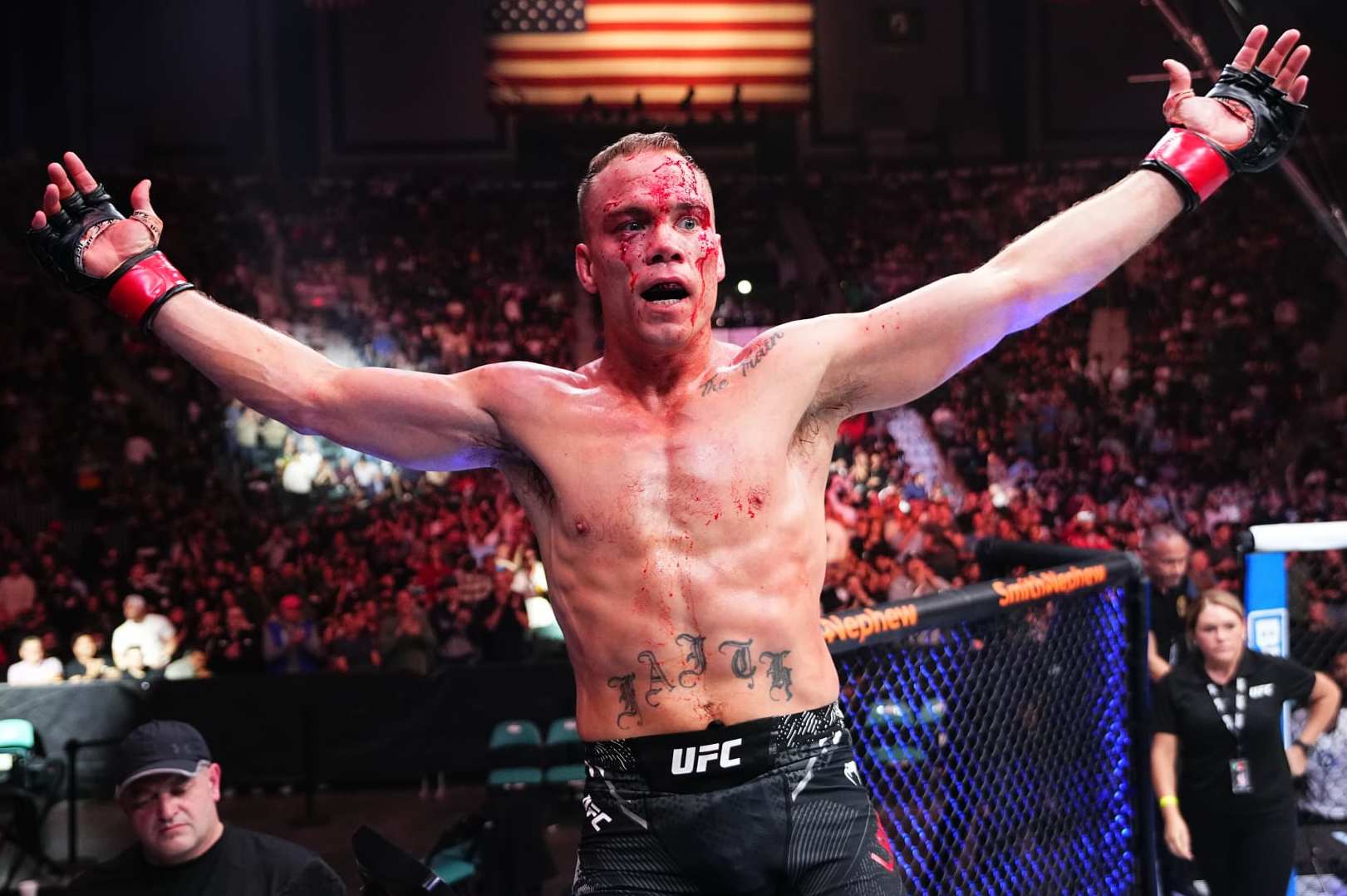 ATLANTIC CITY, NEW JERSEY - MARCH 30: Nate Landwehr reacts after his knockout victory against Jamall Emmers in a featherweight bout during the UFC Fight Night event at Boardwalk Hall Arena on March 30, 2024 in Atlantic City, New Jersey. (Photo by Jeff Bottari/Zuffa LLC via Getty Images)