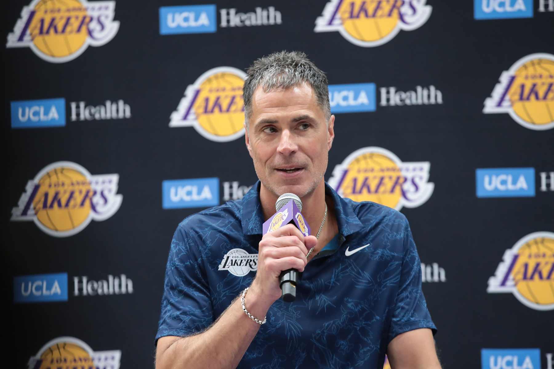 EL SEGUNDO, CA - JULY 02:  Los Angeles Lakers general manager Rob Pelinka  answers a question during the Los Angeles Lakers welcome press conference for their NBA Draft picks on July 02, 2024, at UCLA Health Training Center in El Segundo, CA. (Photo by Jevone Moore/Icon Sportswire via Getty Images)