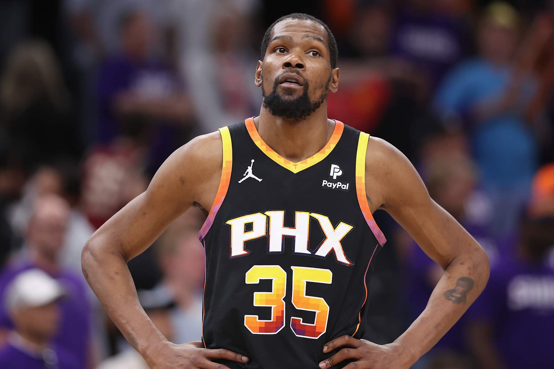 PHOENIX, ARIZONA - APRIL 28: Kevin Durant #35 of the Phoenix Suns during the second half of game four of the Western Conference First Round Playoffs at Footprint Center on April 28, 2024 in Phoenix, Arizona. The Timberwolves defeated the Suns 122-116 and win the series 4-0.  NOTE TO USER: User expressly acknowledges and agrees that, by downloading and or using this photograph, User is consenting to the terms and conditions of the Getty Images License Agreement.  (Photo by Christian Petersen/Getty Images)