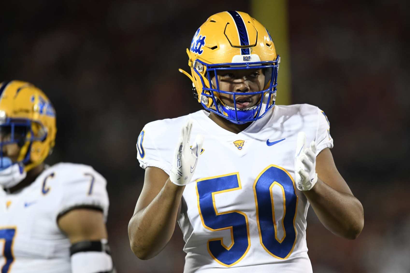 LOUISVILLE, KY - OCTOBER 22: Pittsburgh Panthers defensive line Dayon Hayes (50) claps during the college football game between the Pittsburgh Panthers and the Louisville Cardinals on October 22, 2022, at Cardinal Stadium in Louisville, Kentucky. (Photo by Michael Allio/Icon Sportswire via Getty Images)
