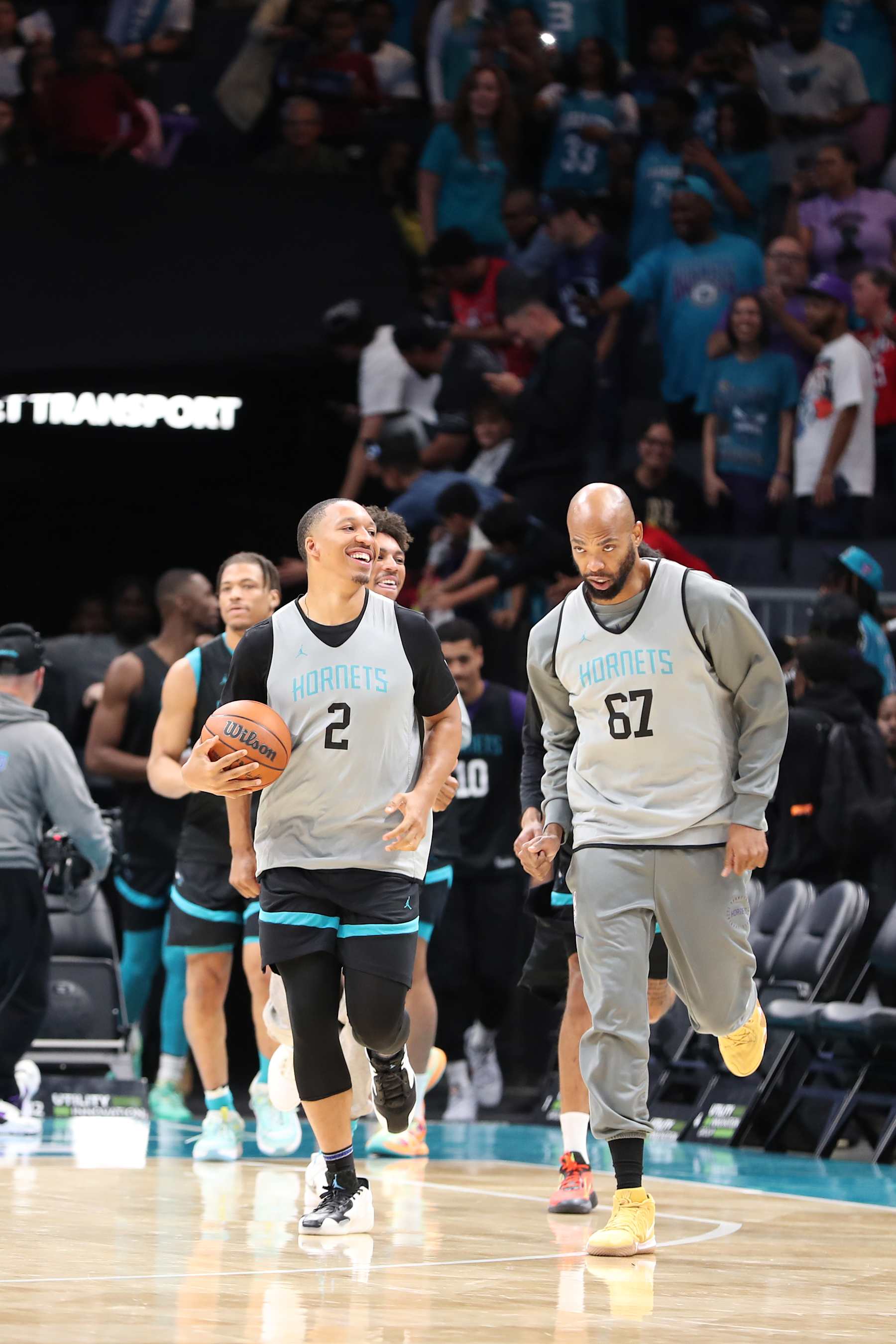 CHARLOTTE, NC- OCTOBER 12: Charlotte Hornets players shoot around during the Purple and Teal Day at Spectrum Center in Charlotte, North Carolina.  NOTE TO USER: User expressly acknowledges and agrees that, by downloading and or using this photograph, User is consenting to the terms and conditions of the Getty Images License Agreement. Mandatory Copyright Notice: Copyright 2024 NBAE  (Photo by Kent Smith/NBAE via Getty Images)