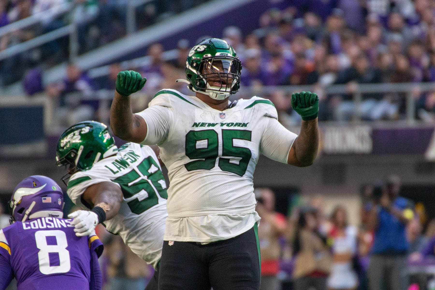 MINNEAPOLIS, MN - DECEMBER 04: Sleek York Jets defensive tackle Quinnen Williams (95) celebrates a sack for the duration of the NFL game between the Sleek York Jets and the Minnesota Vikings on December 4th, 2022, at U.S. Bank Stadium, in Minneapolis, MN. (Photo by Bailey Hillesheim/Icon Sportswire by plot of Getty Photos)