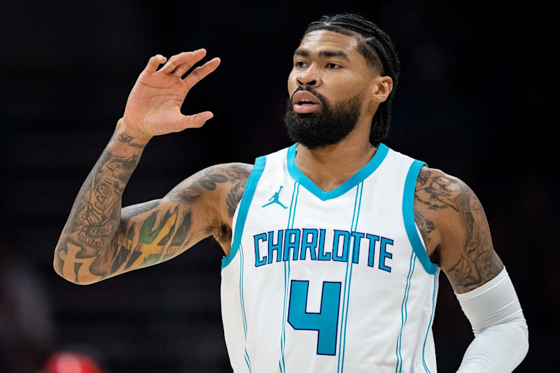 CHARLOTTE, NORTH CAROLINA - OCTOBER 30: Nick Richards #4 of the Charlotte Hornets looks on in the first quarter during their game against the Toronto Raptors at Spectrum Center on October 30, 2024 in Charlotte, North Carolina. NOTE TO USER: User expressly acknowledges and agrees that, by downloading and or using this photograph, User is consenting to the terms and conditions of the Getty Images License Agreement. (Photo by Jacob Kupferman/Getty Images)