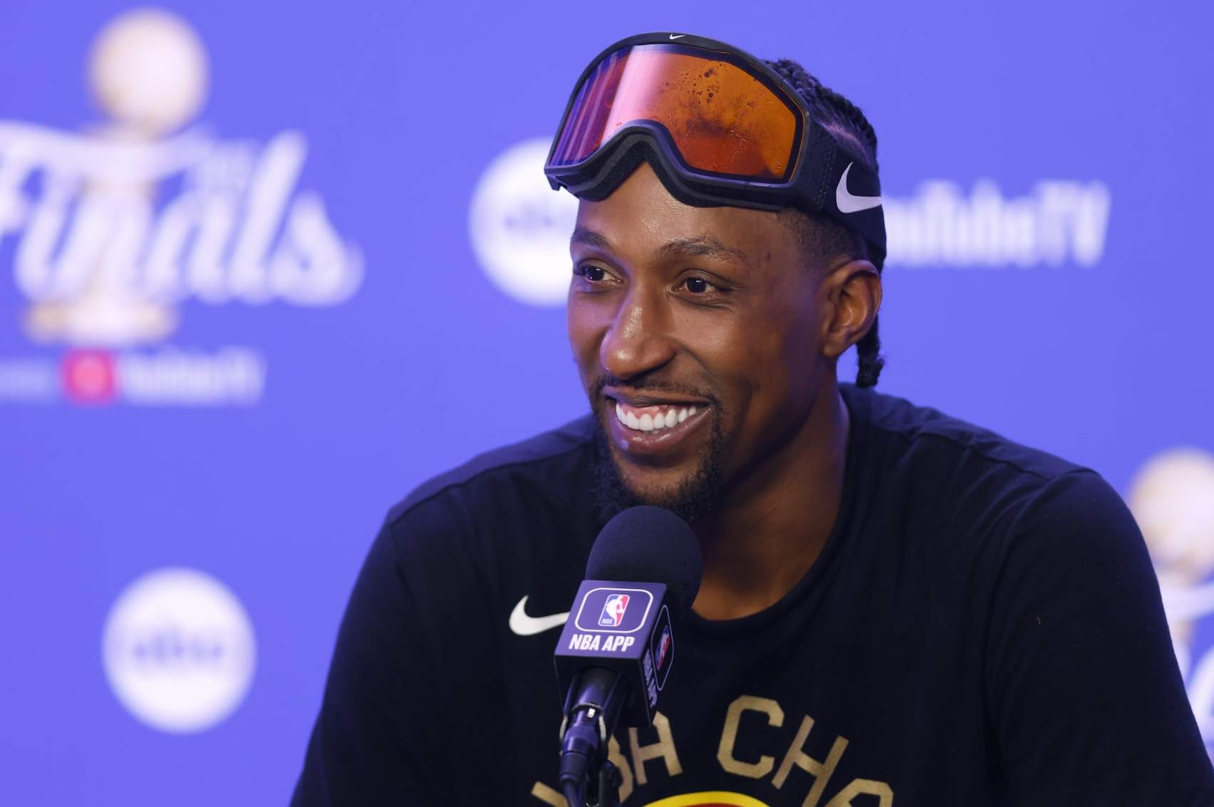DENVER, COLORADO - JUNE 12: Kentavious Caldwell-Pope #5 of the Denver Nuggets speaks with media after a 94-89 victory against the Miami Heat in Game Five of the 2023 NBA Finals to win the NBA Championship at Ball Arena on June 12, 2023 in Denver, Colorado. NOTE TO USER: User expressly acknowledges and agrees that, by downloading and or using this photograph, User is consenting to the terms and conditions of the Getty Images License Agreement. (Photo by Justin Edmonds/Getty Images)