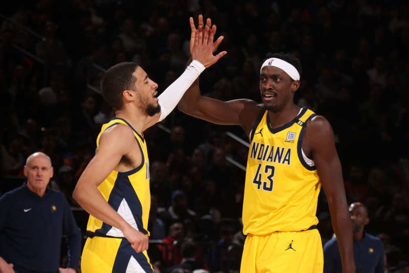 NEW YORK, NY - FEBRUARY 1:Pascal Siakam #43 high fives Tyrese Haliburton #0 of the Indiana Pacers during the game against the New York Knicks on February 1, 2024 at Madison Square Garden in New York City, New York. NOTE TO USER: User expressly acknowledges and agrees that, by downloading and or using this photograph, User is consenting to the terms and conditions of the Getty Images License Agreement. Mandatory Copyright Notice: Copyright 2024 NBAE (Photo by Nathaniel S. Butler/NBAE via Getty Images)