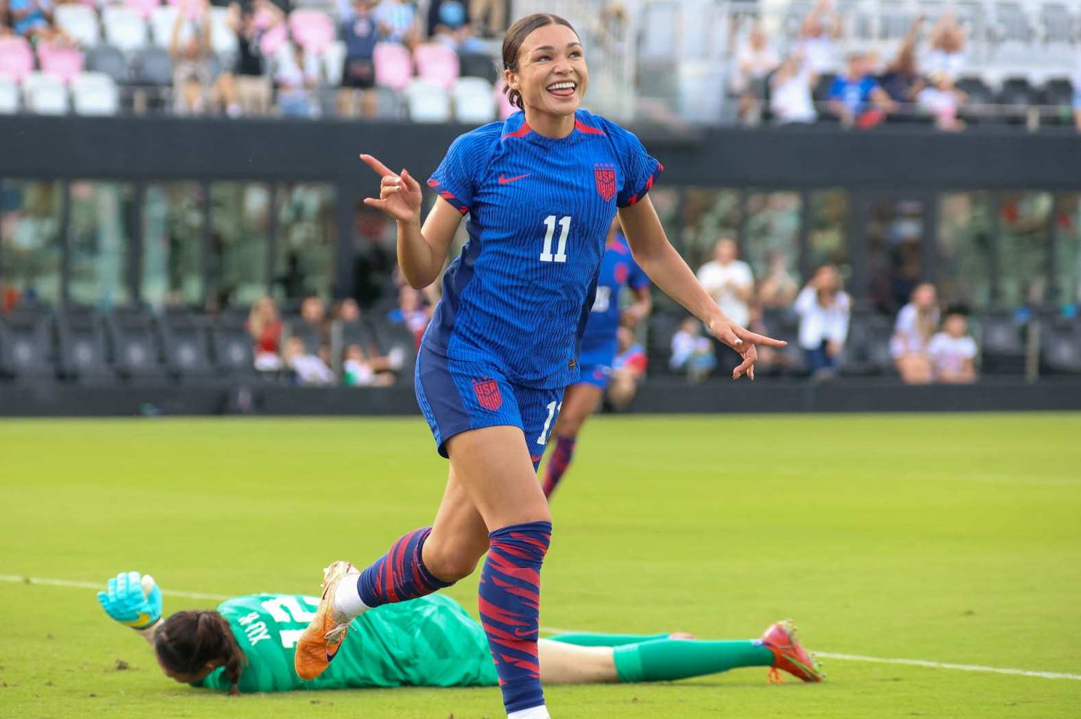 Sophia Smith of Team United States celebrates after scoring a goal during the USWNT v China PR, international friendly game, at DRV PNK Stadium in Fort Lauderdale, Florida, on December 2, 2023. (Photo by Chris Arjoon / AFP) (Photo by CHRIS ARJOON/AFP via Getty Images)