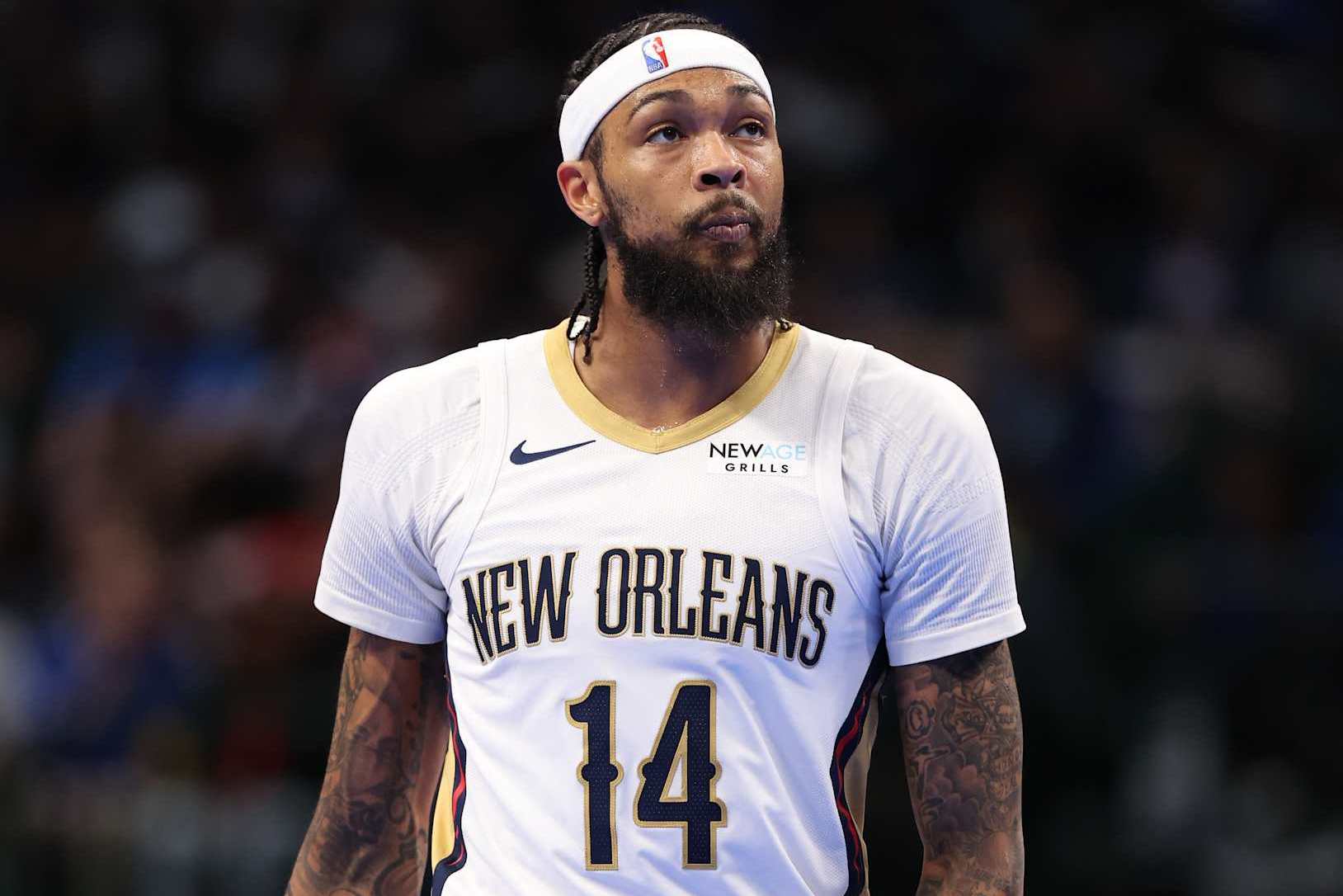 DALLAS, TEXAS - NOVEMBER 19: Brandon Ingram #14 of the New Orleans Pelicans looks on during the first half of an Emirates NBA Cup game against the Dallas Mavericks at American Airlines Center on November 19, 2024 in Dallas, Texas. NOTE TO USER: User expressly acknowledges and agrees that, by downloading and/or using this photograph, user is consenting to the terms and conditions of the Getty Images License Agreement. (Photo by Sam Hodde/Getty Images)
