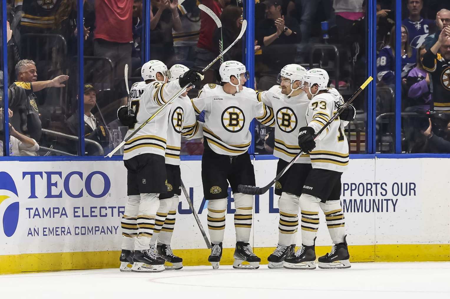 TAMPA, FL - NOVEMBER 20: Charlie Coyle #13 of the Boston Bruins celebrates a goal against the Tampa Bay Lightning during the third period at Amalie Arena on November 20, 2023 in Tampa, Florida. (Photo by Mark LoMoglio/NHLI via Getty Images)