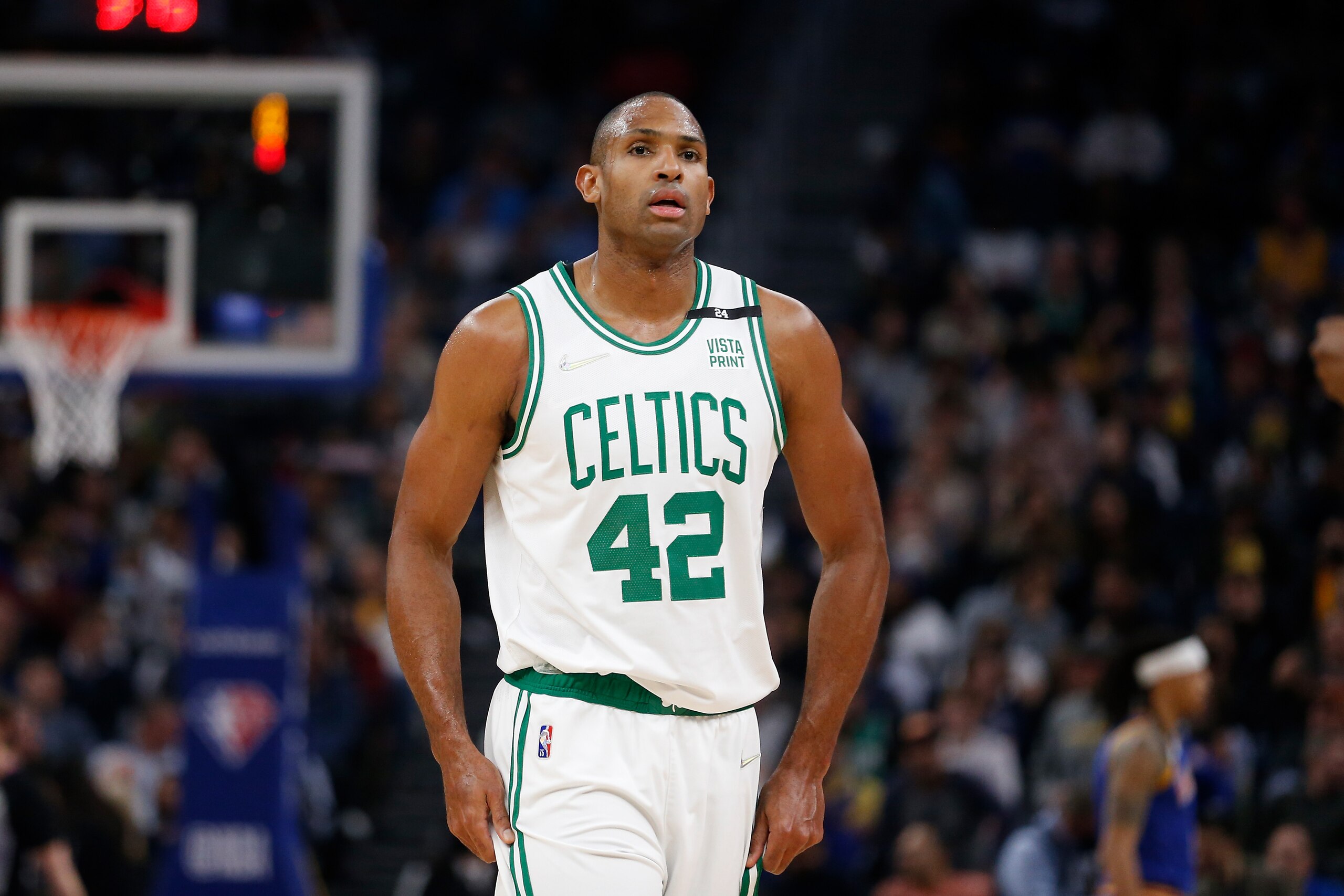 SAN FRANCISCO, CALIFORNIA - MARCH 16: Al Horford #42 of the Boston Celtics looks on in the first quarter against the Golden State Warriors at Chase Center on March 16, 2022 in San Francisco, California. NOTE TO USER: User expressly acknowledges and agrees that, by downloading and/or using this photograph, User is consenting to the terms and conditions of the Getty Images License Agreement. (Photo by Lachlan Cunningham/Getty Images)
