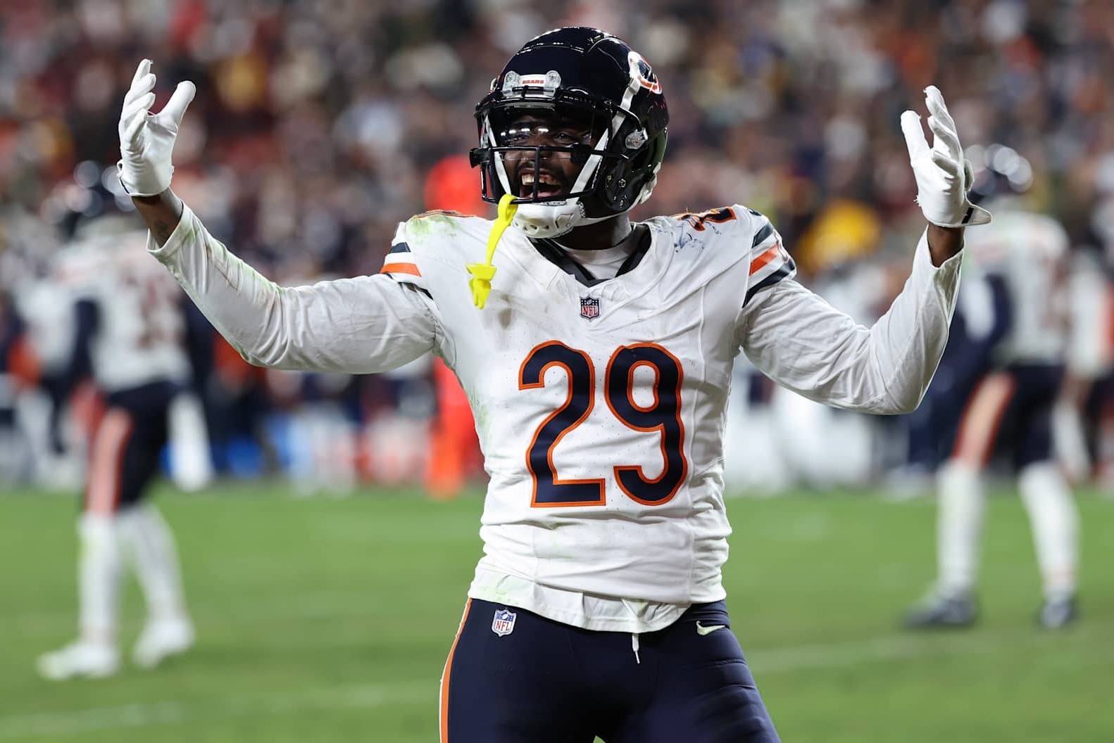 LANDOVER, MARYLAND - OCTOBER 27: Tyrique Stevenson #29 of the Chicago Bears reacts during the fourth quarter against the Washington Commanders at Northwest Stadium on October 27, 2024 in Landover, Maryland. (Photo by Scott Taetsch/Getty Images)