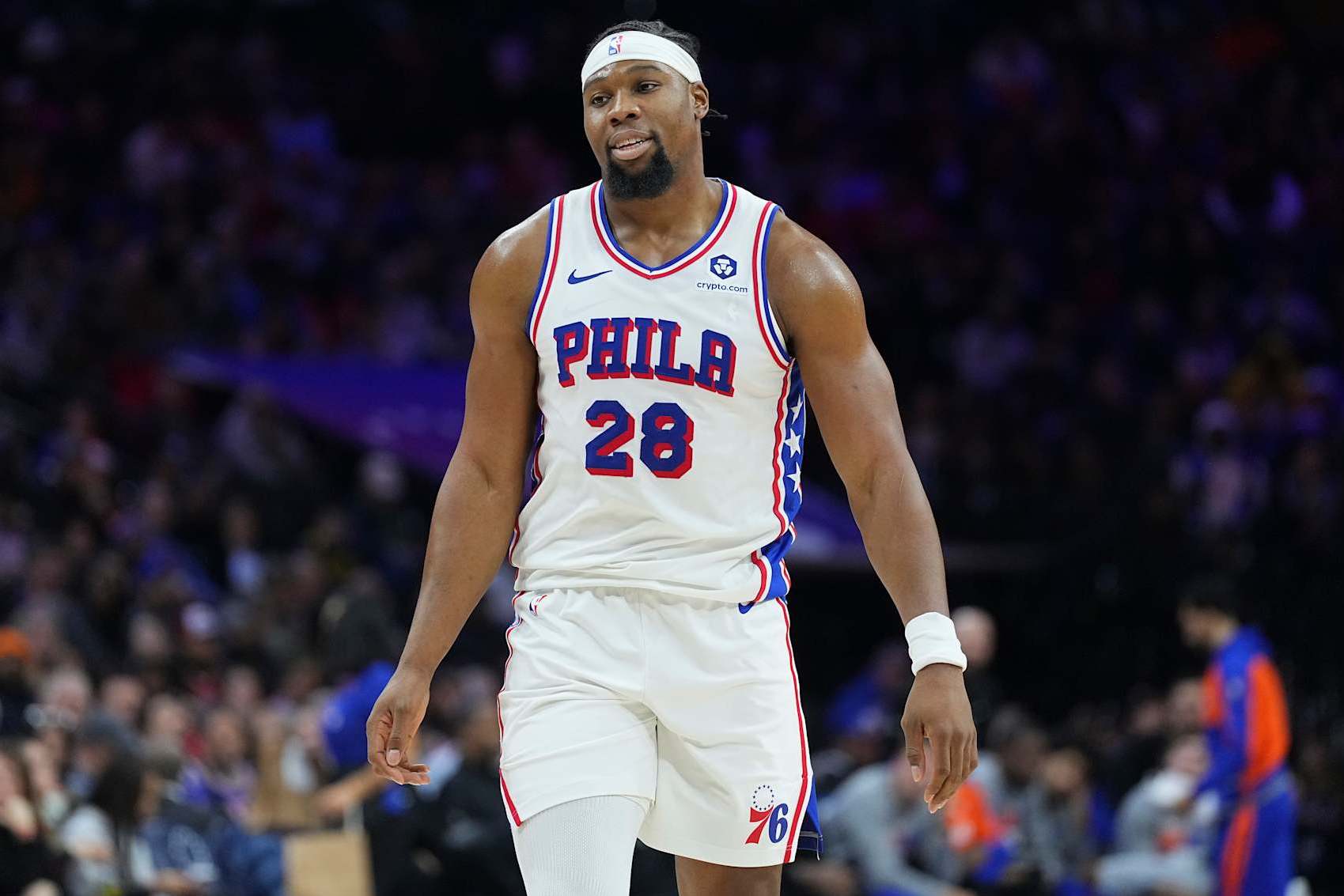 PHILADELPHIA, PENNSYLVANIA - JANUARY 15: Guerschon Yabusele #28 of the Philadelphia 76ers looks on against the New York Knicks at the Wells Fargo Center on January 15, 2025 in Philadelphia, Pennsylvania. The Knicks defeated the 76ers 125-119 in overtime. NOTE TO USER: User expressly acknowledges and agrees that, by downloading and/or using this photograph, user is consenting to the terms and conditions of the Getty Images License Agreement. (Photo by Mitchell Leff/Getty Images)