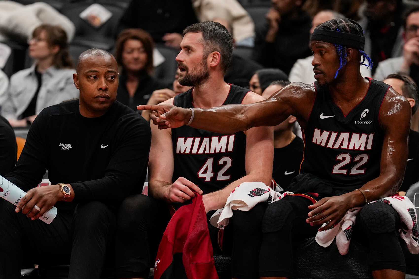 TORONTO, ON - DECEMBER 1: Assistant coach
Caron Butler of the Miami Heat talks to Kevin Love #42 and Jimmy Butler #22 during their game against the Toronto Raptors at Scotiabank Arena on December 1, 2024 in Toronto, Ontario, Canada. NOTE TO USER: User expressly acknowledges and agrees that, by downloading and/or using this Photograph, user is consenting to the terms and conditions of the Getty Images License Agreement. (Photo by Andrew Lahodynskyj/Getty Images)