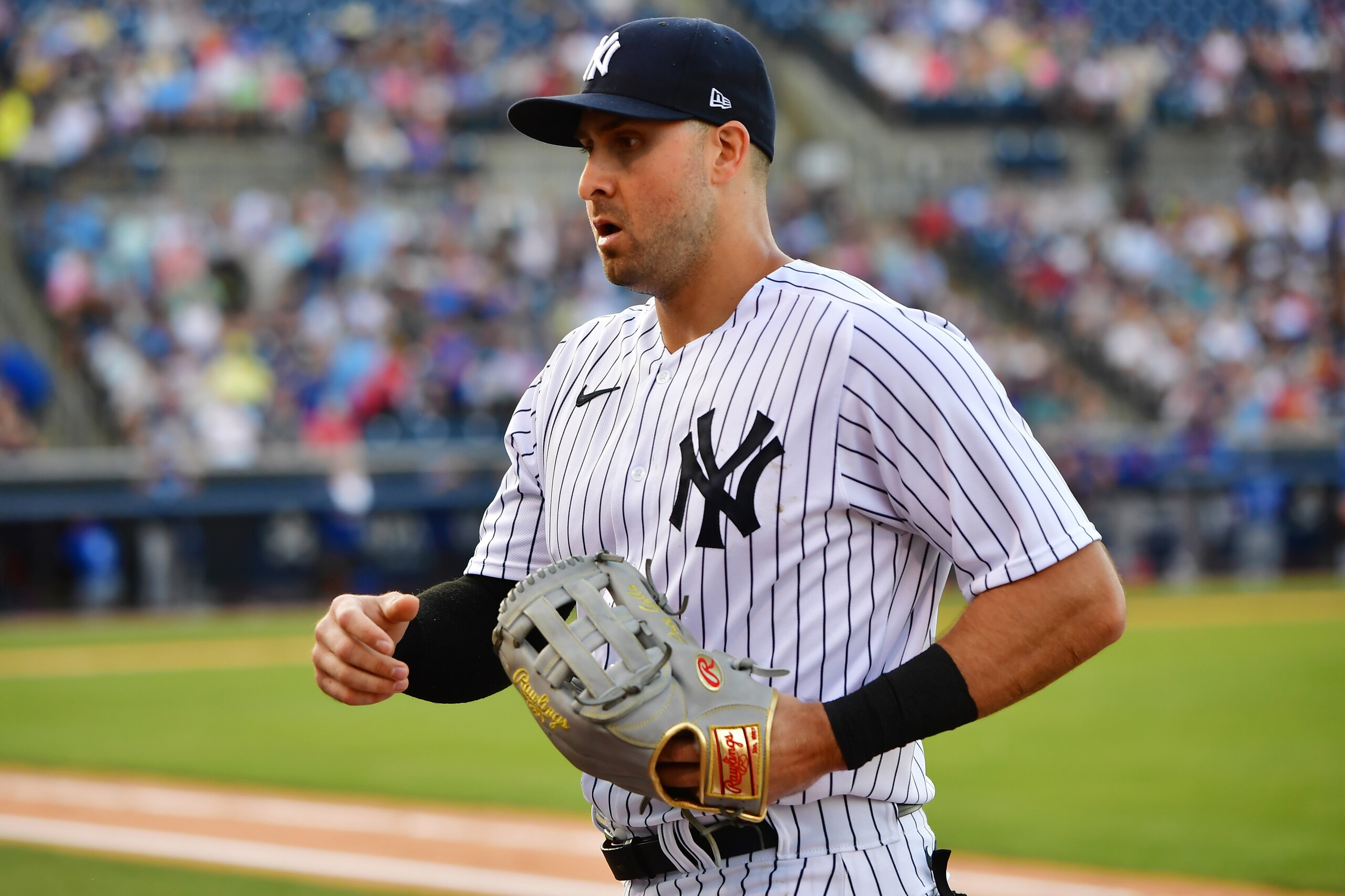 TAMPA, FLORIDA - MARCH 30: Joey Gallo #13 of the New York Yankees looks on during a Grapefruit League spring training game against the Toronto Blue Jays at George Steinbrenner Field on March 30, 2022 in Tampa, Florida. (Photo by Julio Aguilar/Getty Images)