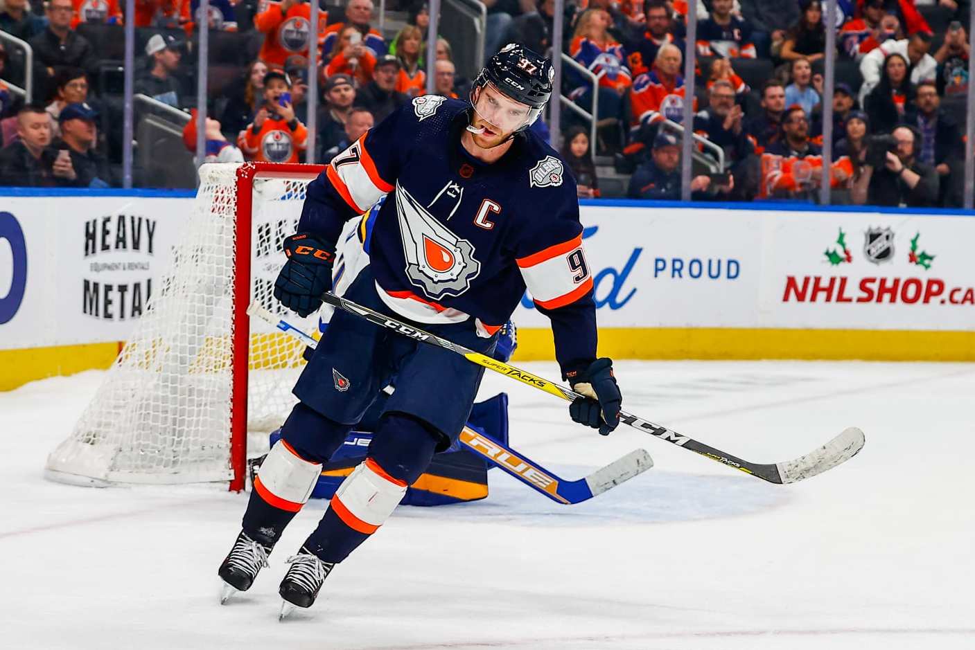 EDMONTON, AB - DECEMBER 15: Edmonton Oilers Center Connor McDavid (97) is disappointed after missing the net in the shoot out of the Edmonton Oilers game versus the St. Louis Blues on December 15, 2022 at Rogers Place in Edmonton, AB. (Photo by Curtis Comeau/Icon Sportswire via Getty Images)