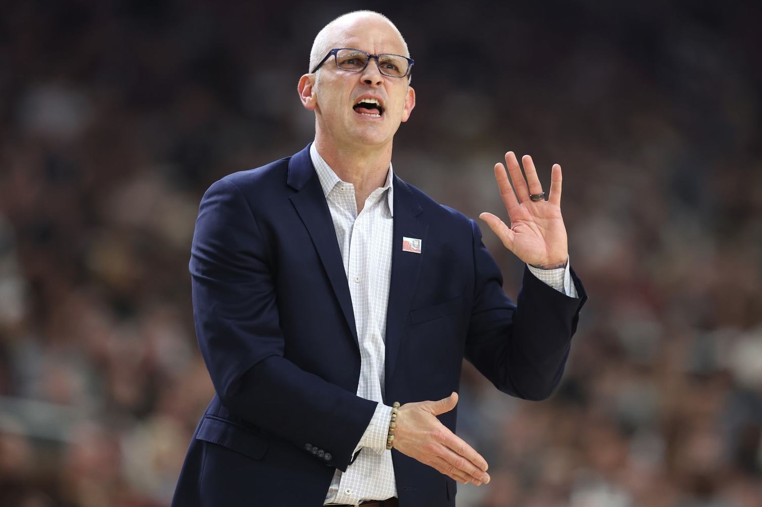 GLENDALE, ARIZONA - APRIL 06: Head coach Dan Hurley of the Connecticut Huskies reacts in the first half against the Alabama Crimson Tide in the NCAA Men's Basketball Tournament Final Four semifinal game at State Farm Stadium on April 06, 2024 in Glendale, Arizona. (Photo by Christian Petersen/Getty Images)