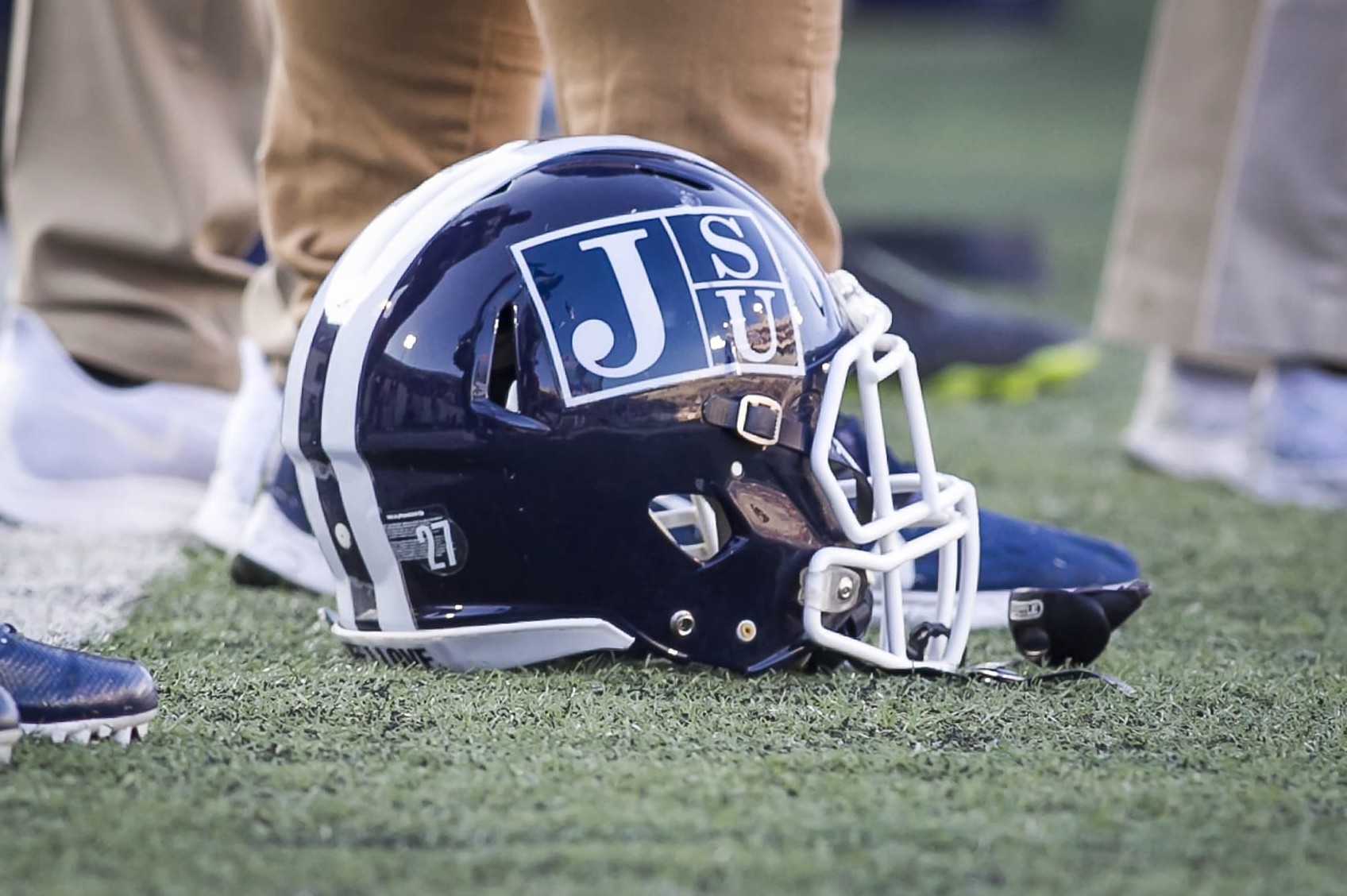 MEMPHIS, TN - SEPTEMBER 14: A JSU branded helmet on the sideline prior to the Southern Heritage Classic game between the Jackson State University Tigers and the Tennessee State Tigers on Saturday September 14, 2019 at Liberty Bowl Memorial Stadium in Memphis, TN.  (Photo by Nick Tre. Smith/Icon Sportswire via Getty Images)