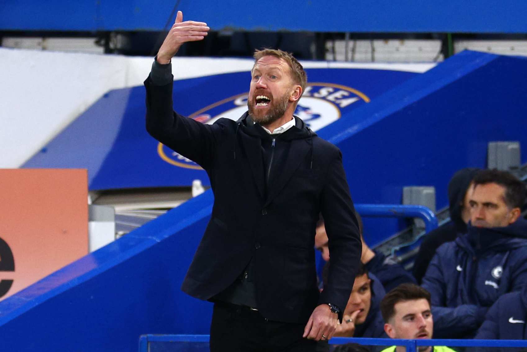 LONDON, ENGLAND - APRIL 01: Graham Potter, Manager of Chelsea, reacts during the Premier League match between Chelsea FC and Aston Villa at Stamford Bridge on April 01, 2023 in London, England. (Photo by Clive Rose/Getty Images)