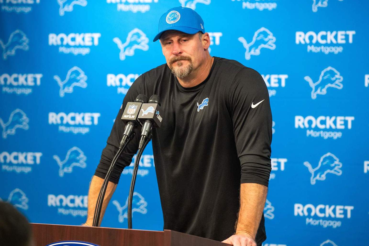 DETROIT, MICHIGAN - DECEMBER 05: Head Football Coach Dan Campbell of the Detroit Lions speaks to media during the post game press conference after an NFL game against the Green Bay Packers at Ford Field on December 05, 2024 in Detroit, Michigan. The Detroit Lions won the game 34-31. (Photo by Aaron J. Thornton/Getty Images)
