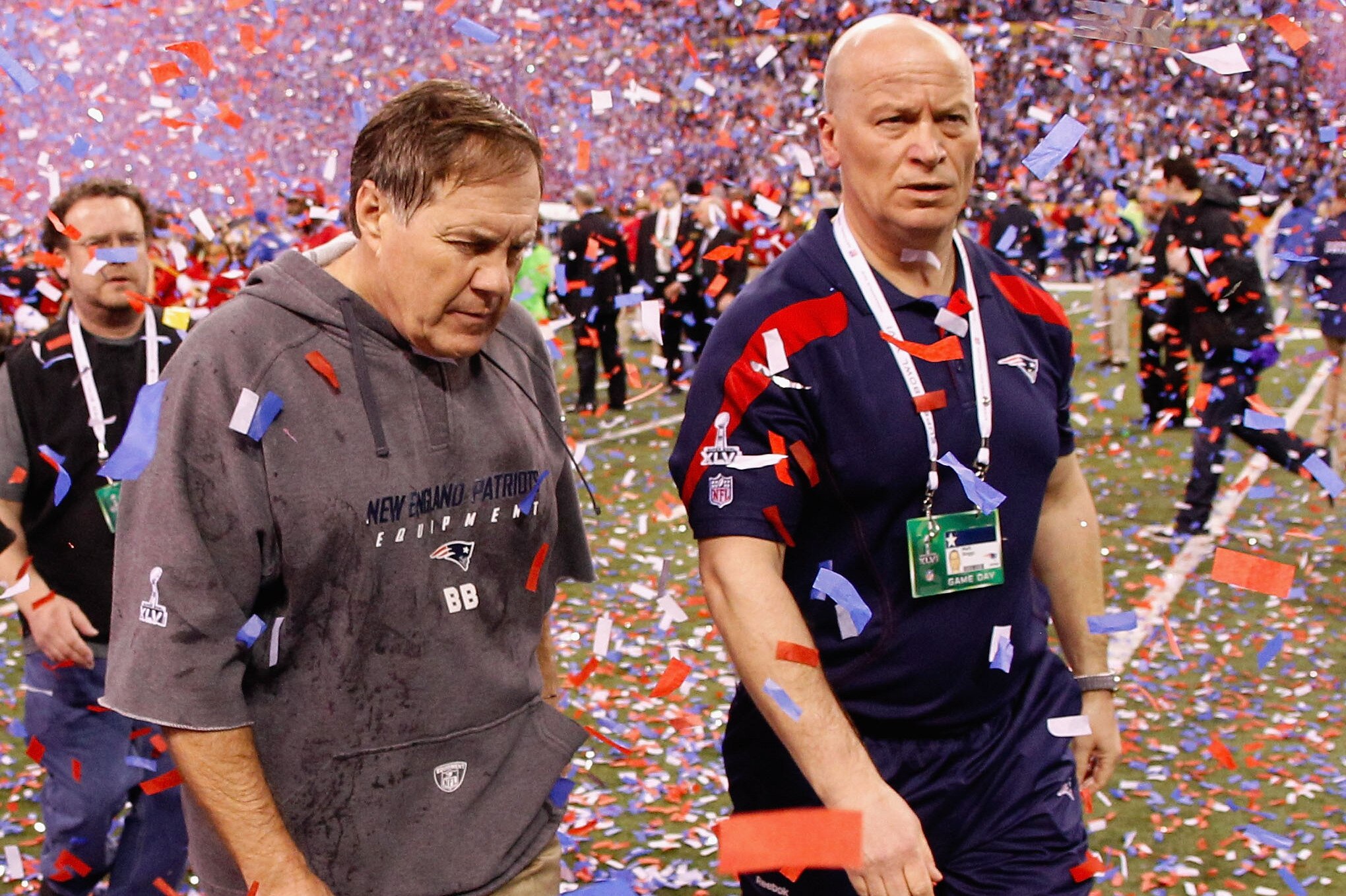INDIANAPOLIS, IN - FEBRUARY 05: Head coach Bill Belichick of the New England Patriots walks offsides the field after losing to the New York Giants 21-17 during Super Bowl XLVI at Lucas Oil Stadium on February 5, 2012 in Indianapolis, Indiana. (Photo by Rob Carr/Getty Images)