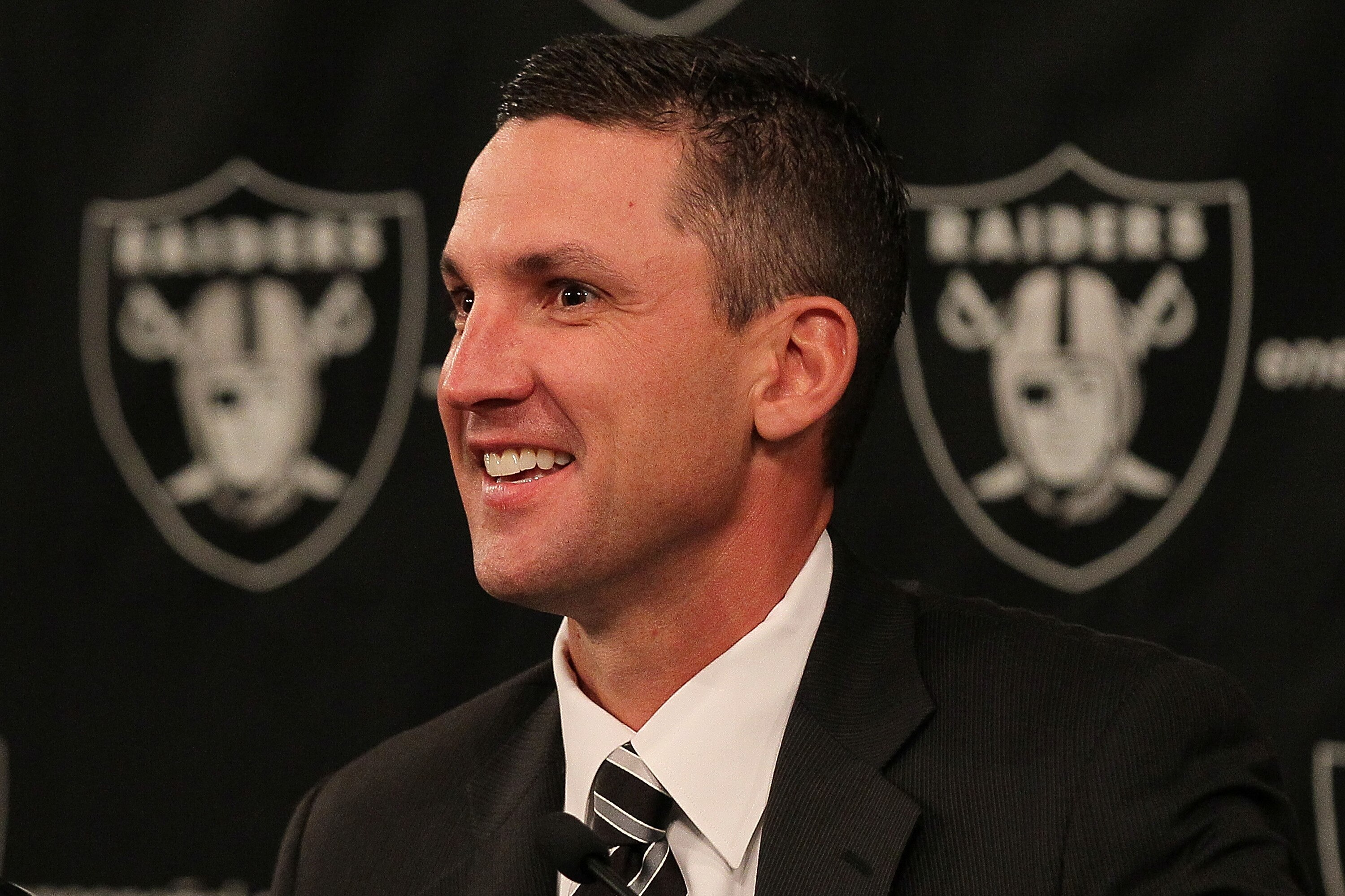 ALAMEDA, CA - JANUARY 30: New Oakland Raiders head coach Dennis Allen looks on during a press conference on January 30, 2012 in Alameda, California. Dennis Allen was introduced as the new coach of the Oakland Raiders, replacing Hue Jackson who was fired after one season. (Photo by Justin Sullivan/Getty Images)