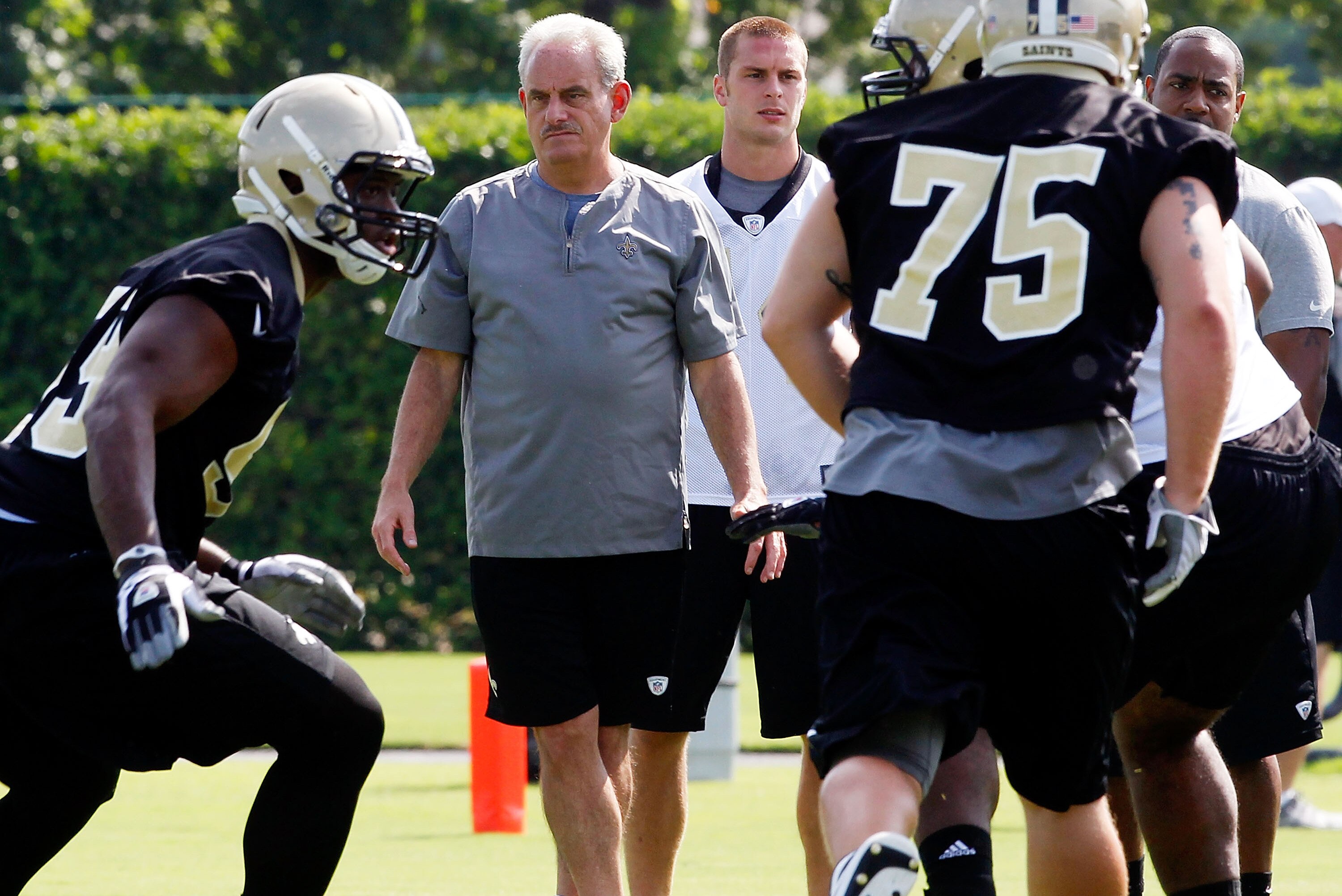 METAIRIE, LA - MAY 24: New Orleans Saints interim coach Joe Vitt looks as his teams practices during OTA's at the Saints Training Facility on May 24, 2012 in Metairie, Louisiana. (Photo by Sean Gardner/Getty Images)