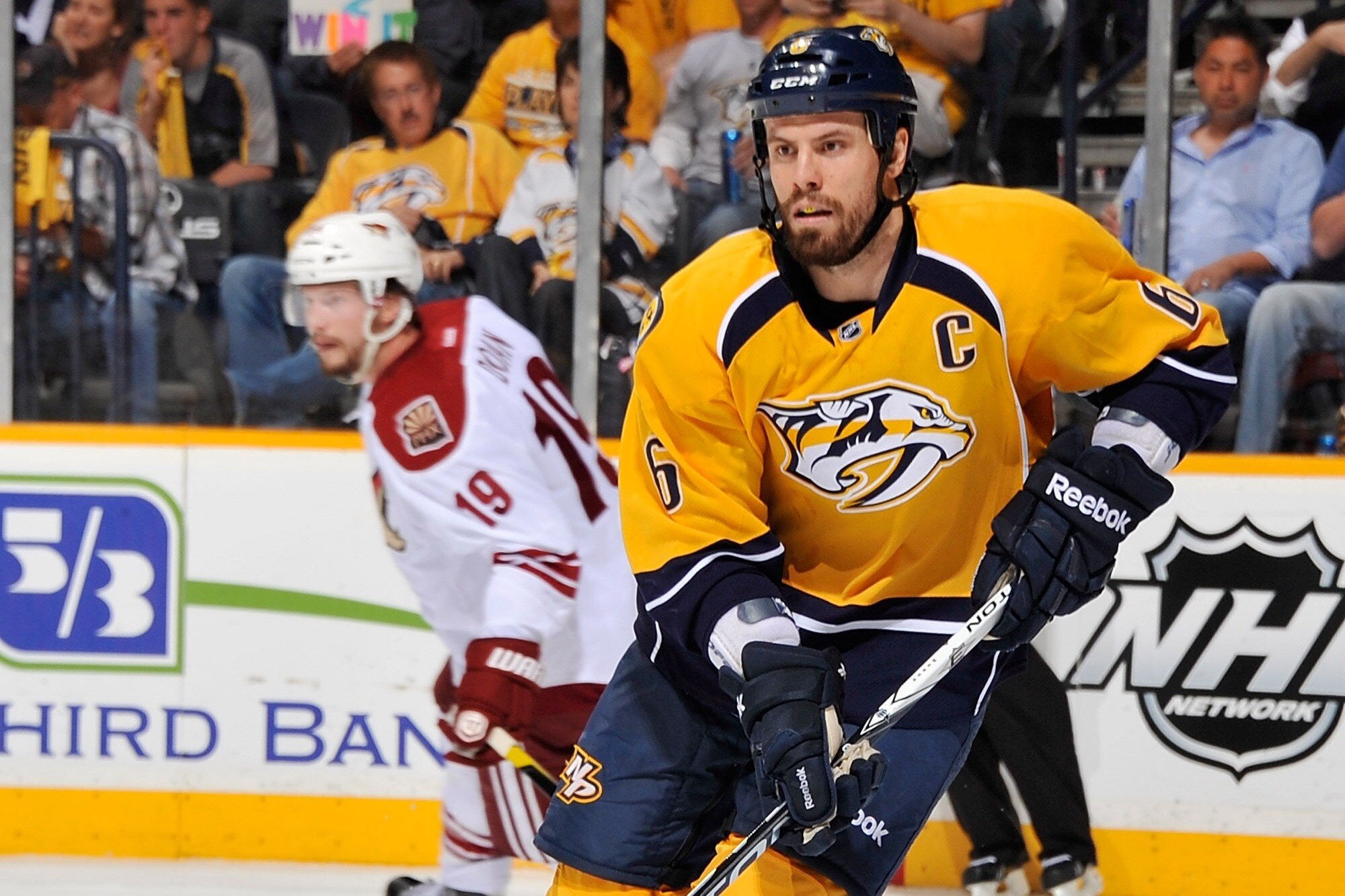 NASHVILLE, TN - MAY 02: Shea Weber #6 of the Nashville Predators skates against the Phoenix Coyotes in Game Three of the Western Conference Semifinals during the 2012 NHL Stanley Cup Playoffs at the Bridgestone Arena on May 2, 2012 in Nashville, Tennessee. (Photo by Frederick Breedon/Getty Images)