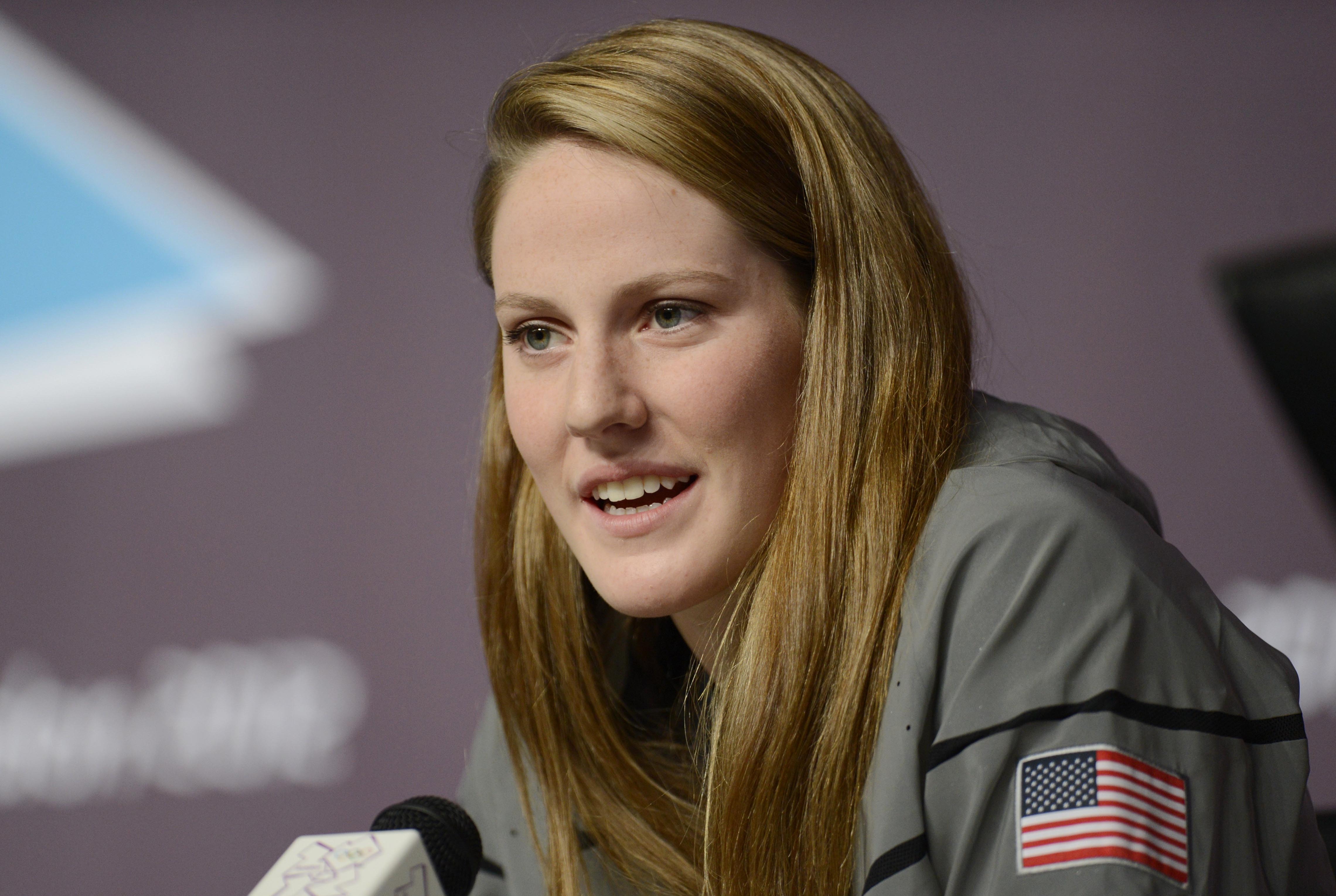 Aug 11, 2012; London, United Kingdom; USA swimmer Missy Franklin speaks during a USOC press conference at the London 2012 Olympic Games at the Main Press Centre. Mandatory Credit: Jerry Lai-USA TODAY Sports