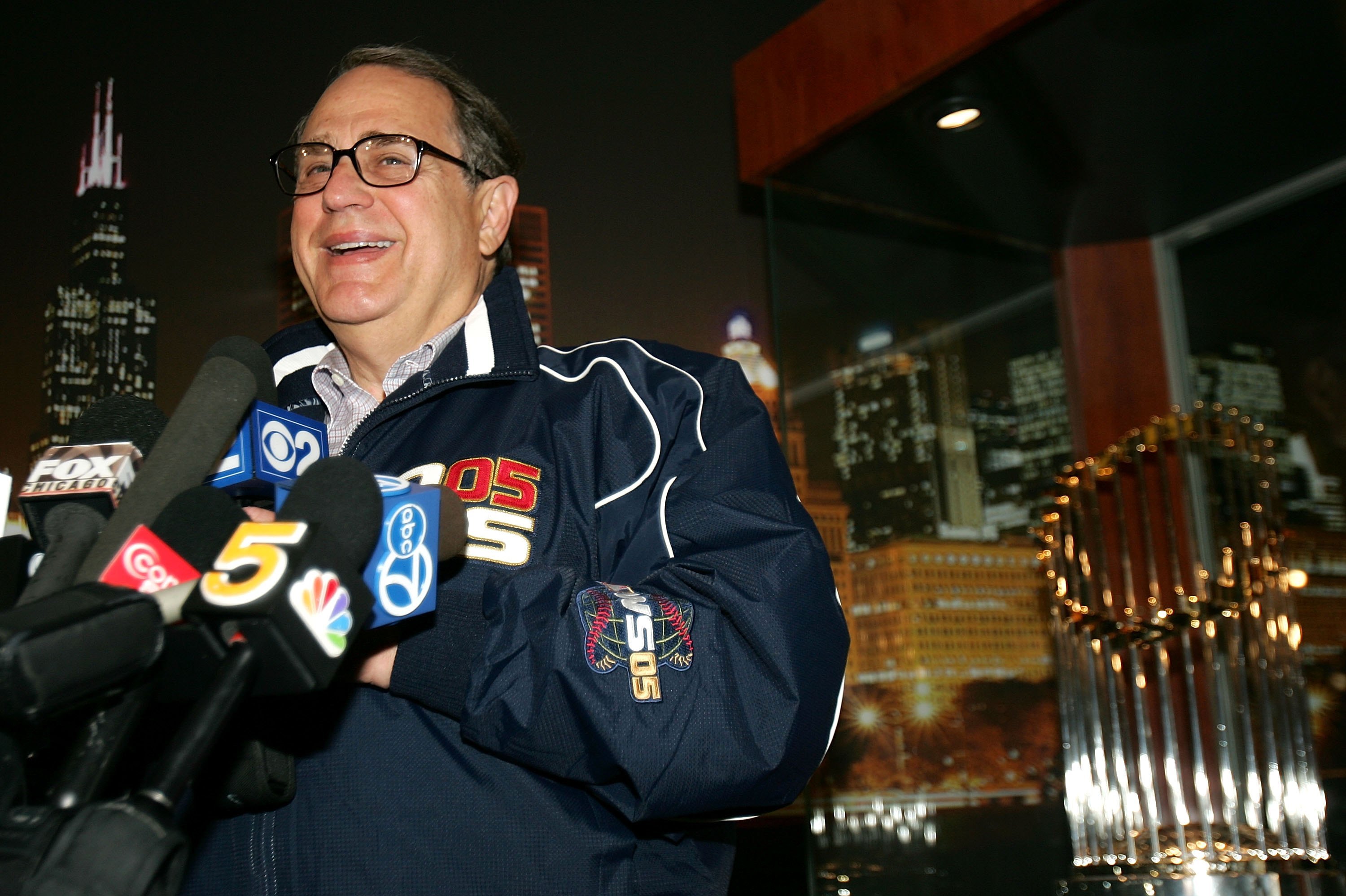 CHICAGO - APRIL 3: Chairman Jerry Reinsdorf of the Chicago White Sox speaks to the media after delivery of the 2005 Championship rings on April 3, 2006 at U.S. Cellular Field in Chicago, Illinois. (Photo by Jonathan Daniel/Getty Images)