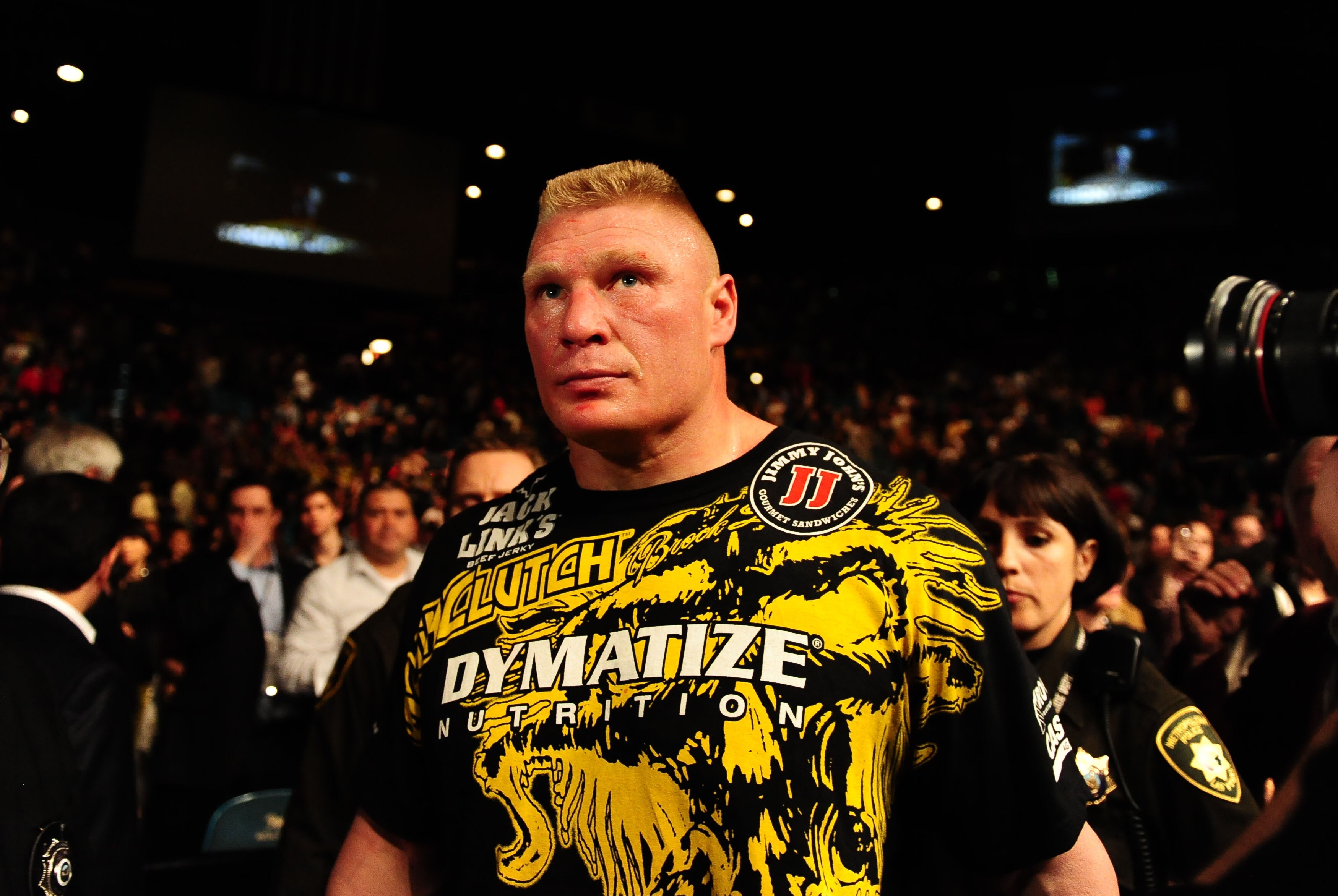 Dec. 30, 2011; Las Vegas, NV, USA; UFC fighter Brock Lesnar after announcing his retirement following a heavyweight bout at UFC 141 at the MGM Grand Garden event center. Mandatory Credit: Mark J. Rebilas-US PRESSWIRE