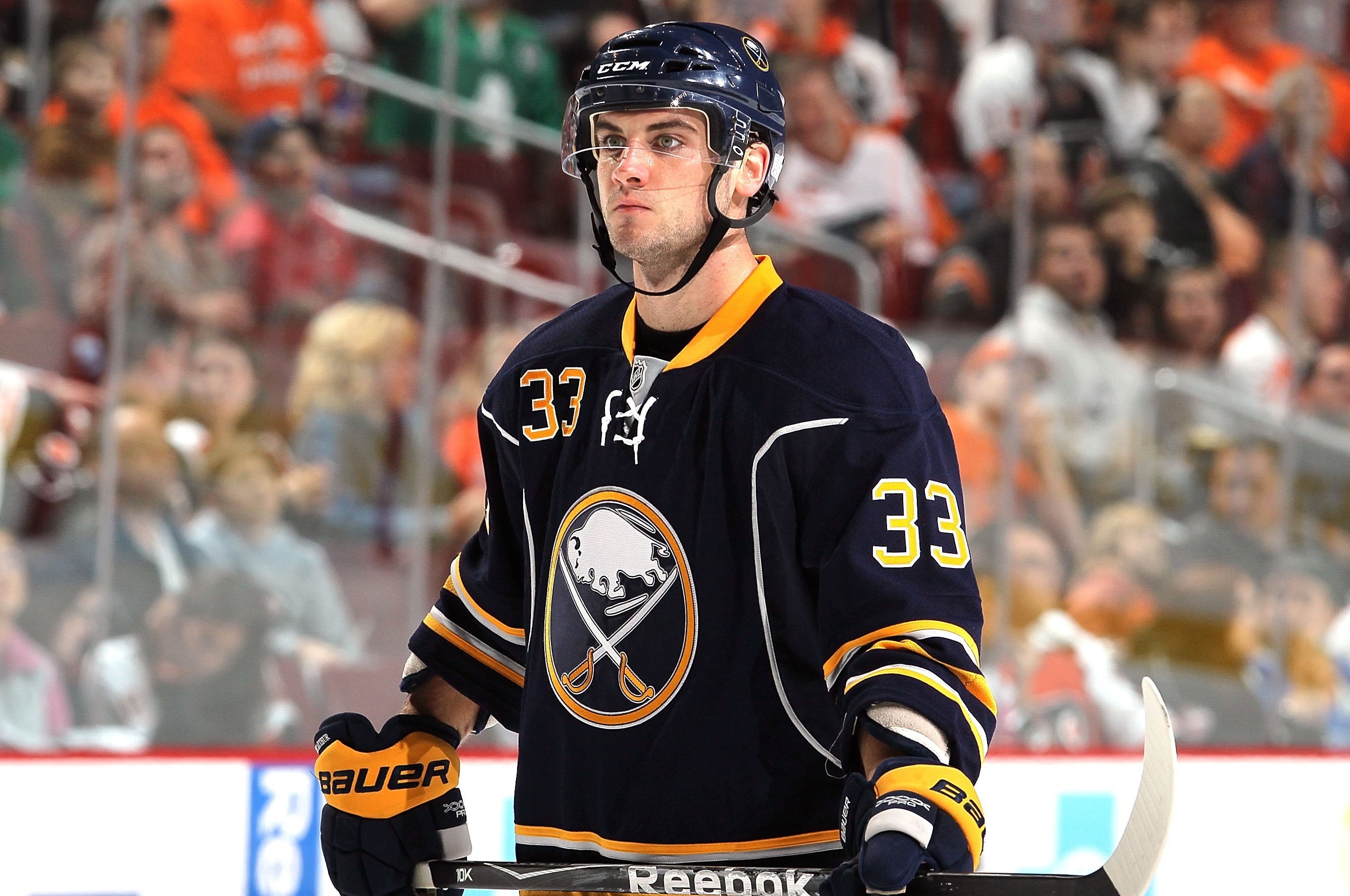 PHILADELPHIA - OCTOBER 01: TJ Brennan #33 of the Buffalo Sabres skates against the Philadelphia Flyers on October 1, 2010 at Wells Fargo Center in Philadelphia, Pennsylvania. (Photo by Jim McIsaac/Getty Images)