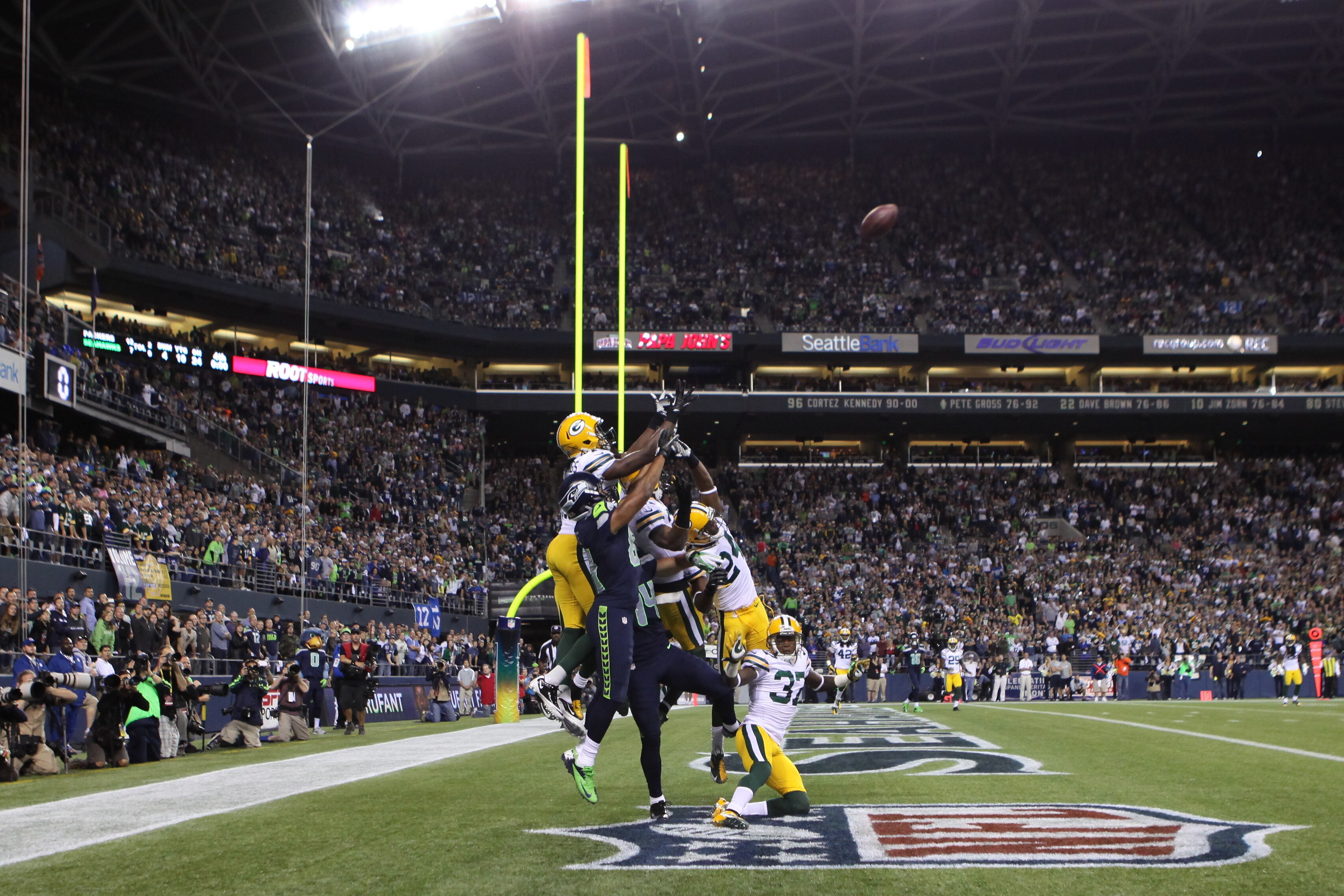 SEATTLE, WA - SEPTEMBER 24: Wide receiver Golden Tate #81 of the Seattle Seahawks makes a catch in the end zone to defeat the Green Bay Packers on a controversial call by the officials at CenturyLink Field on September 24, 2012 in Seattle, Washington. (Photo by Otto Greule Jr/Getty Images)