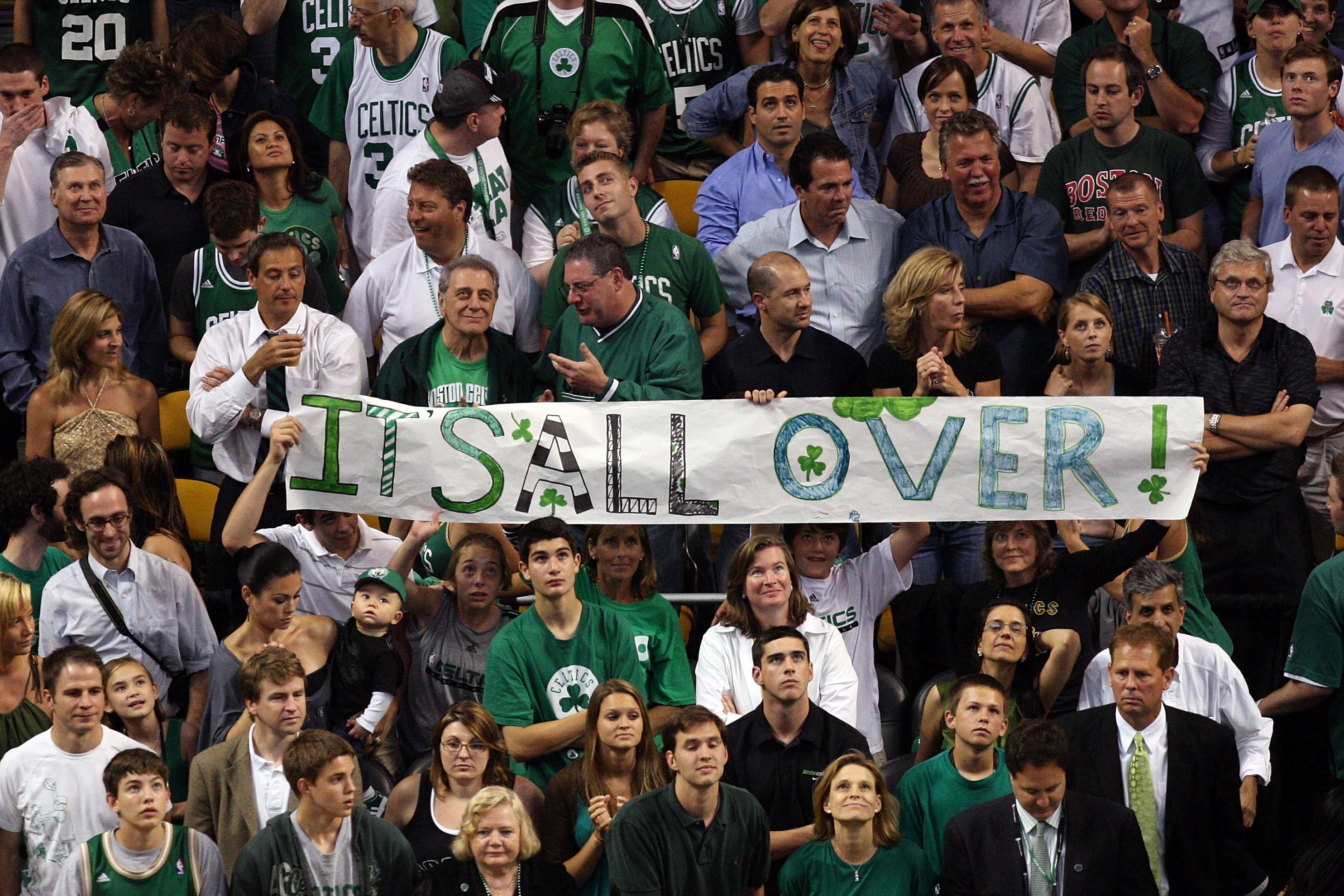 BOSTON - JUNE 17: Boston Celtics fans holds up a sign during Game Six of the 2008 NBA Finals on June 17, 2008 at TD Banknorth Garden in Boston, Massachusetts. NOTE TO USER: User expressly acknowledges and agrees that, by downloading and/or using this Photograph, user is consenting to the terms and conditions of the Getty Images License Agreement. (Photo by Kevin C. Cox/Getty Images)