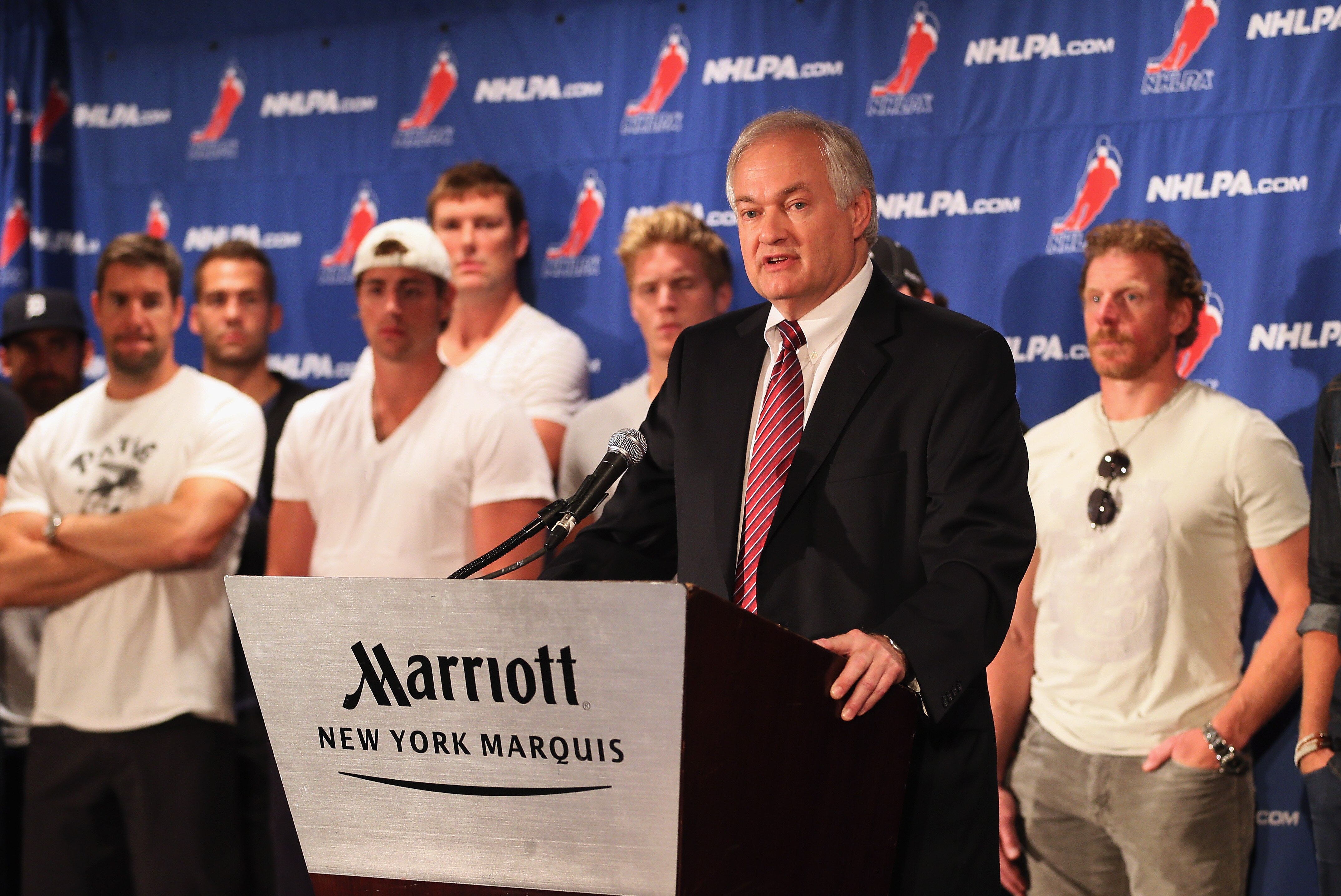 NEW YORK, NY - SEPTEMBER 13: Don Fehr, executive director of the National Hockey League Players Association meets with the media at Marriott Marquis Times Square on September 13, 2012 in New York City. (Photo by Bruce Bennett/Getty Images)