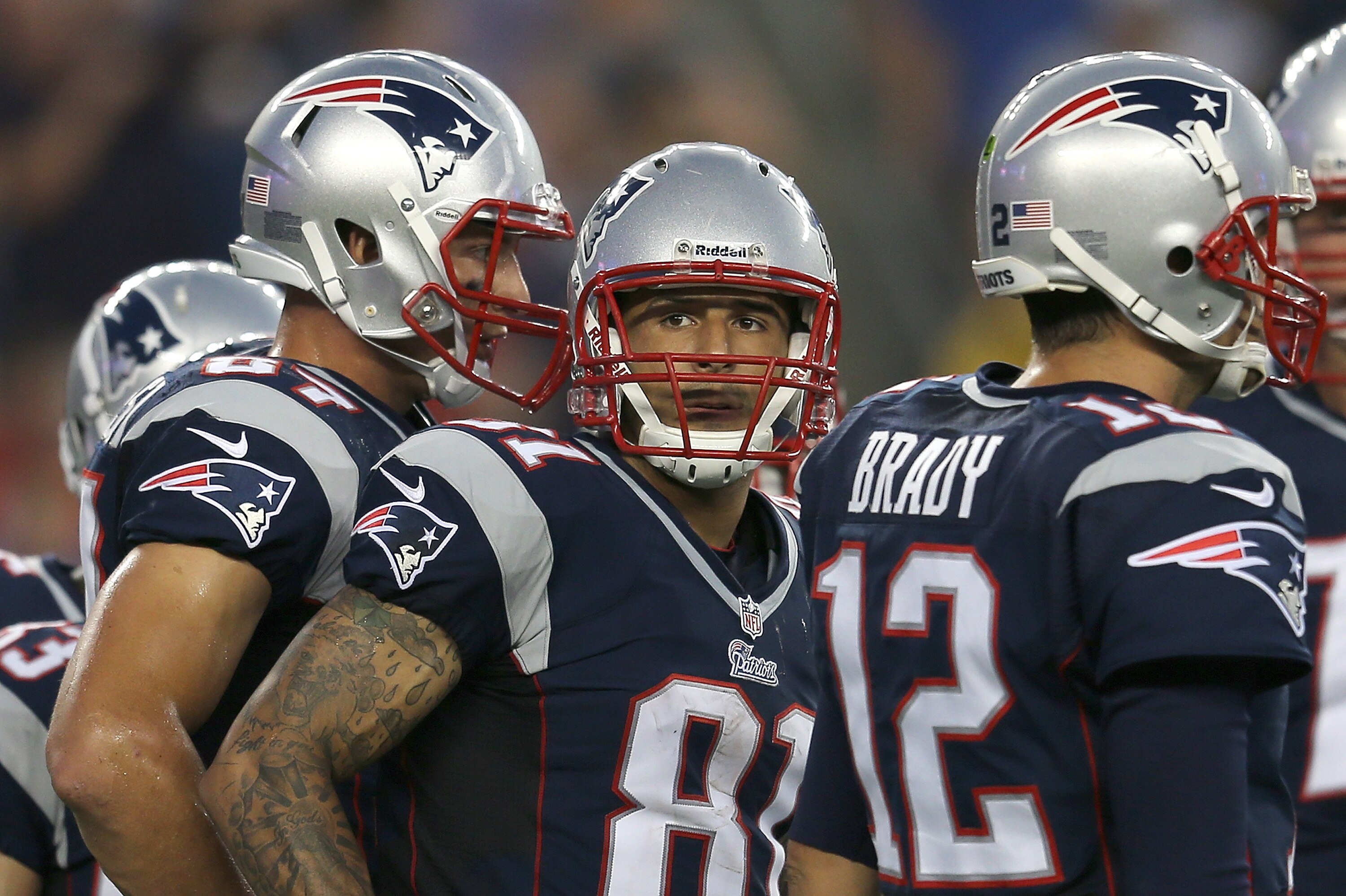 FOXBORO, MA - AUGUST 9: Aaron Hernandez #81 of the New England Patriots looks toward the sideline during a preseason game against the Orleans Saints in the first half at Gillette Stadium on August 9, 2012 in Foxboro, Massachusetts. (Photo by Jim Rogash/Getty Images)